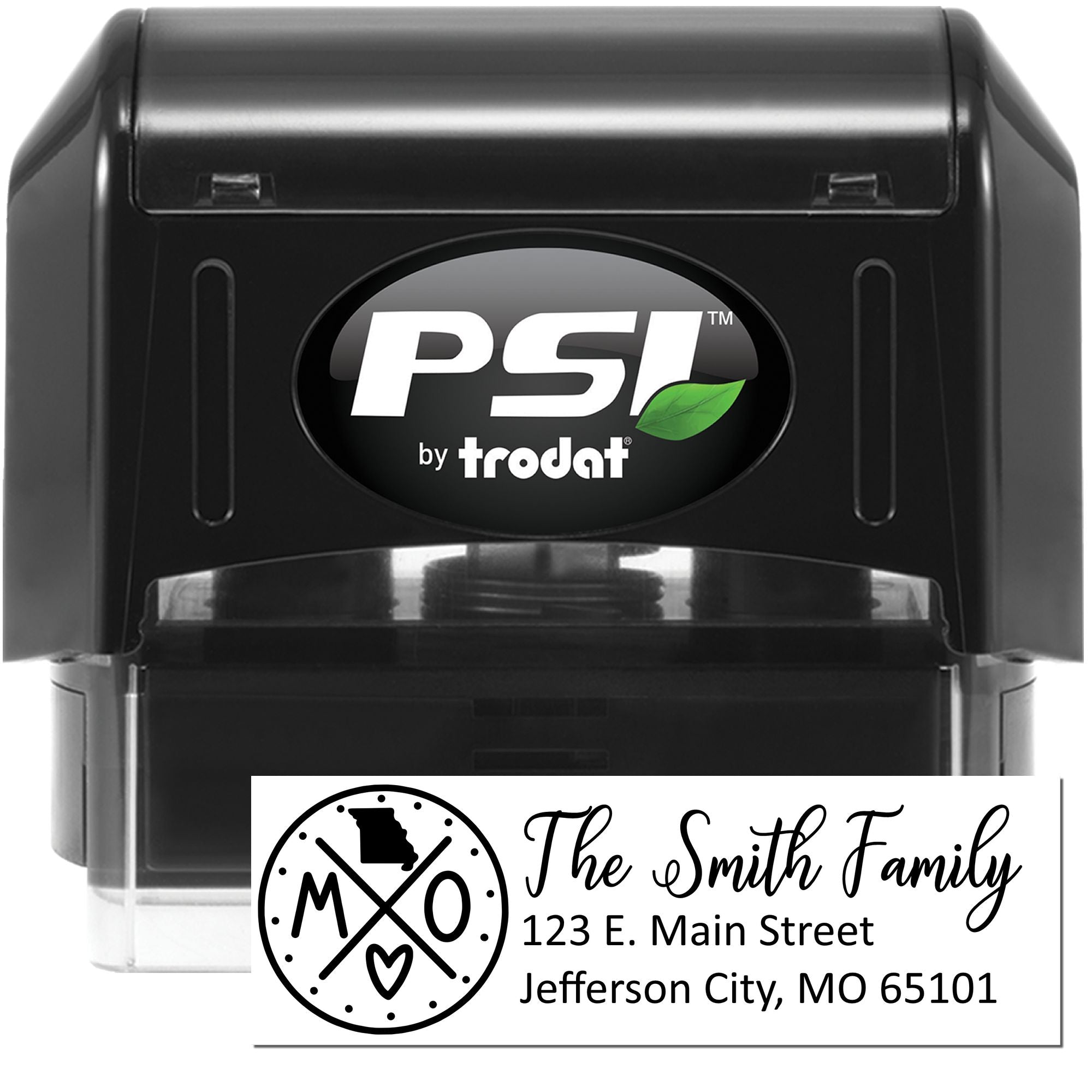 PSI by Trodat self-inking rubber address stamp with custom family name and return address imprint