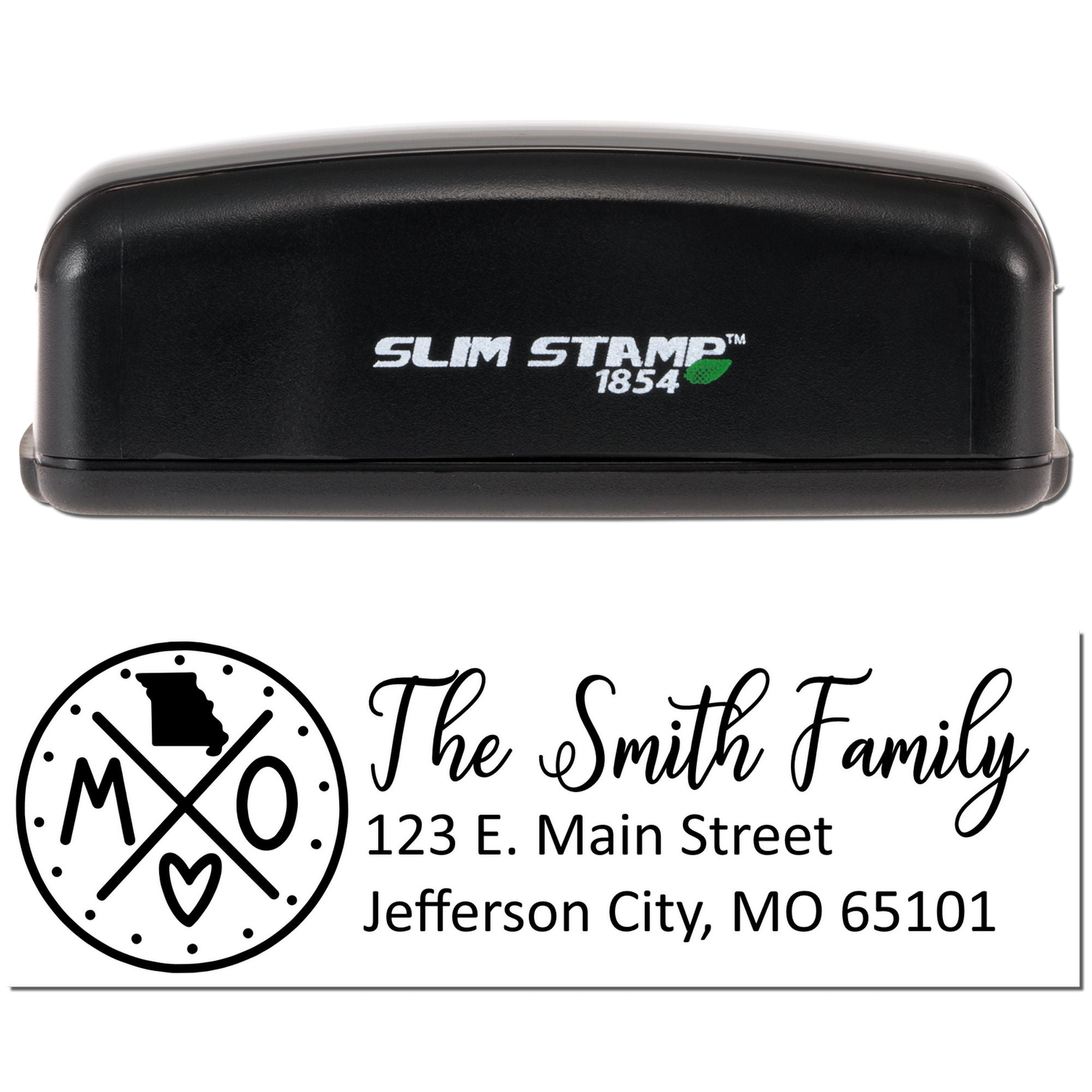 Slim Stamp 1854 custom address rubber stamp with family monogram and return address design.
