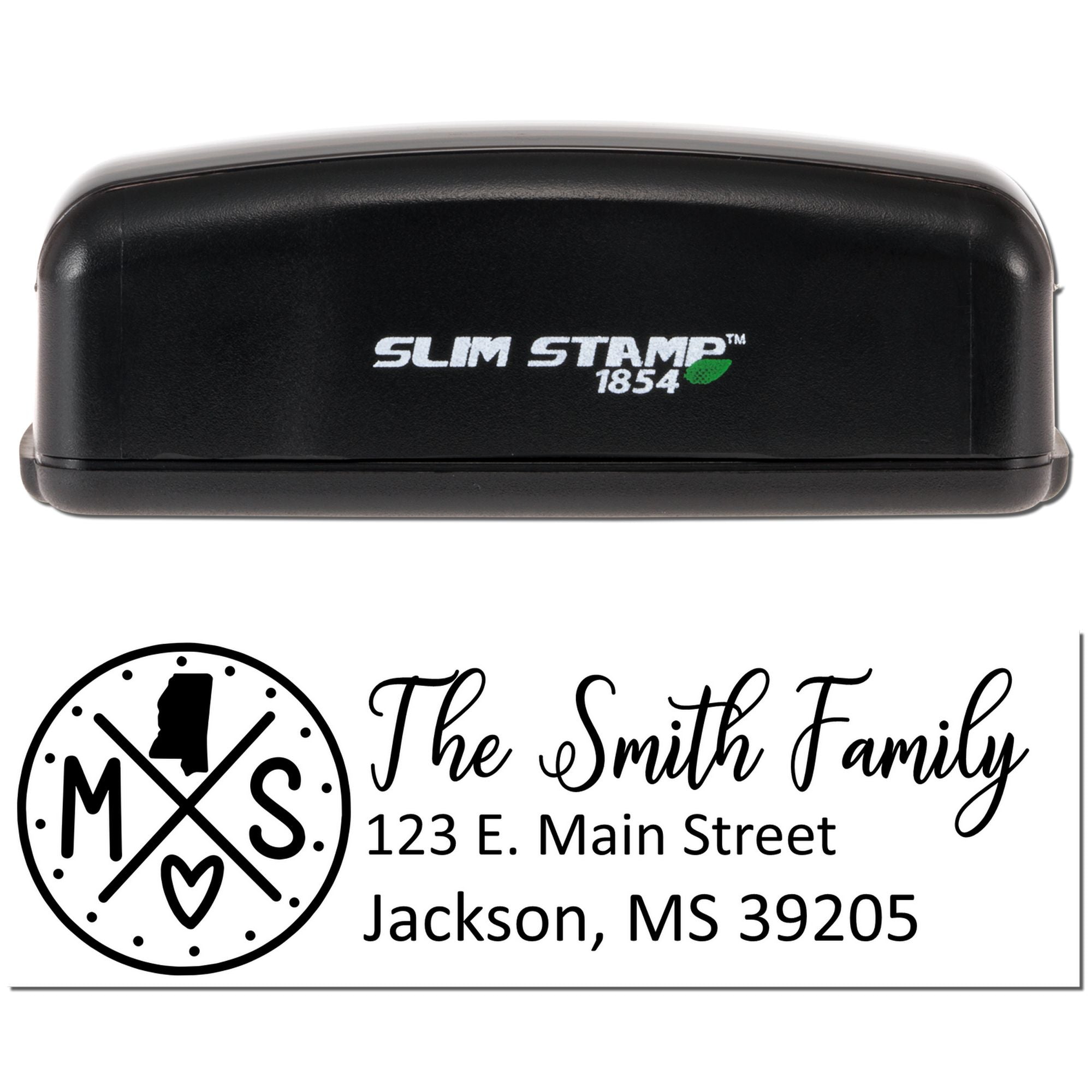 Slim Stamp 1854 self-inking rubber stamp with custom monogram family return address design for personalized mailing.