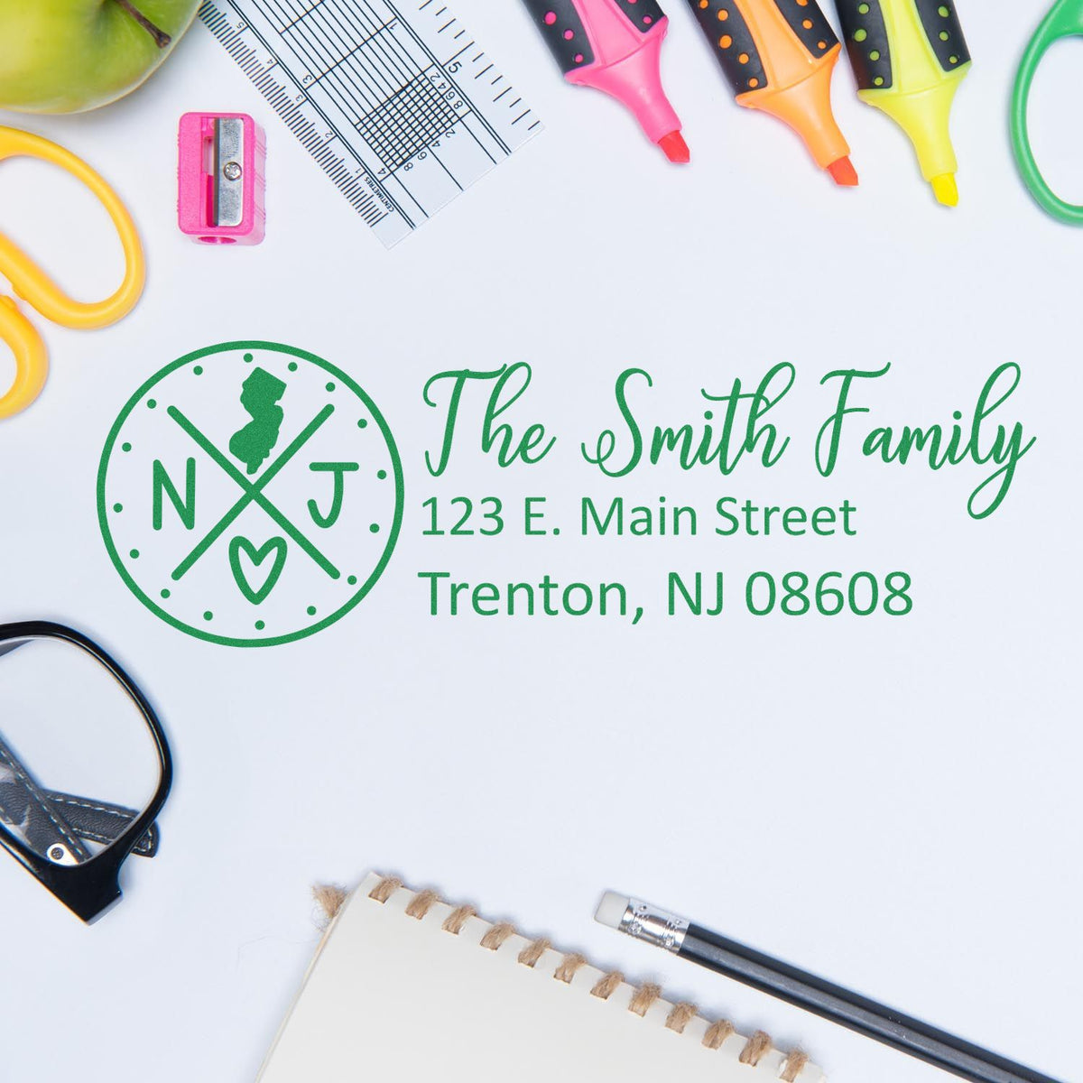 Personalized return address rubber stamp for The Smith Family, Trenton NJ 08608, with monogram and stationery supplies.