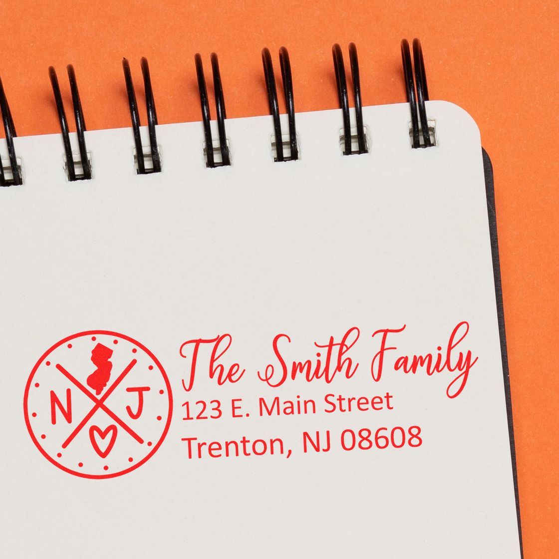 Custom return address rubber stamp for The Smith Family with monogram and Trenton, NJ address.