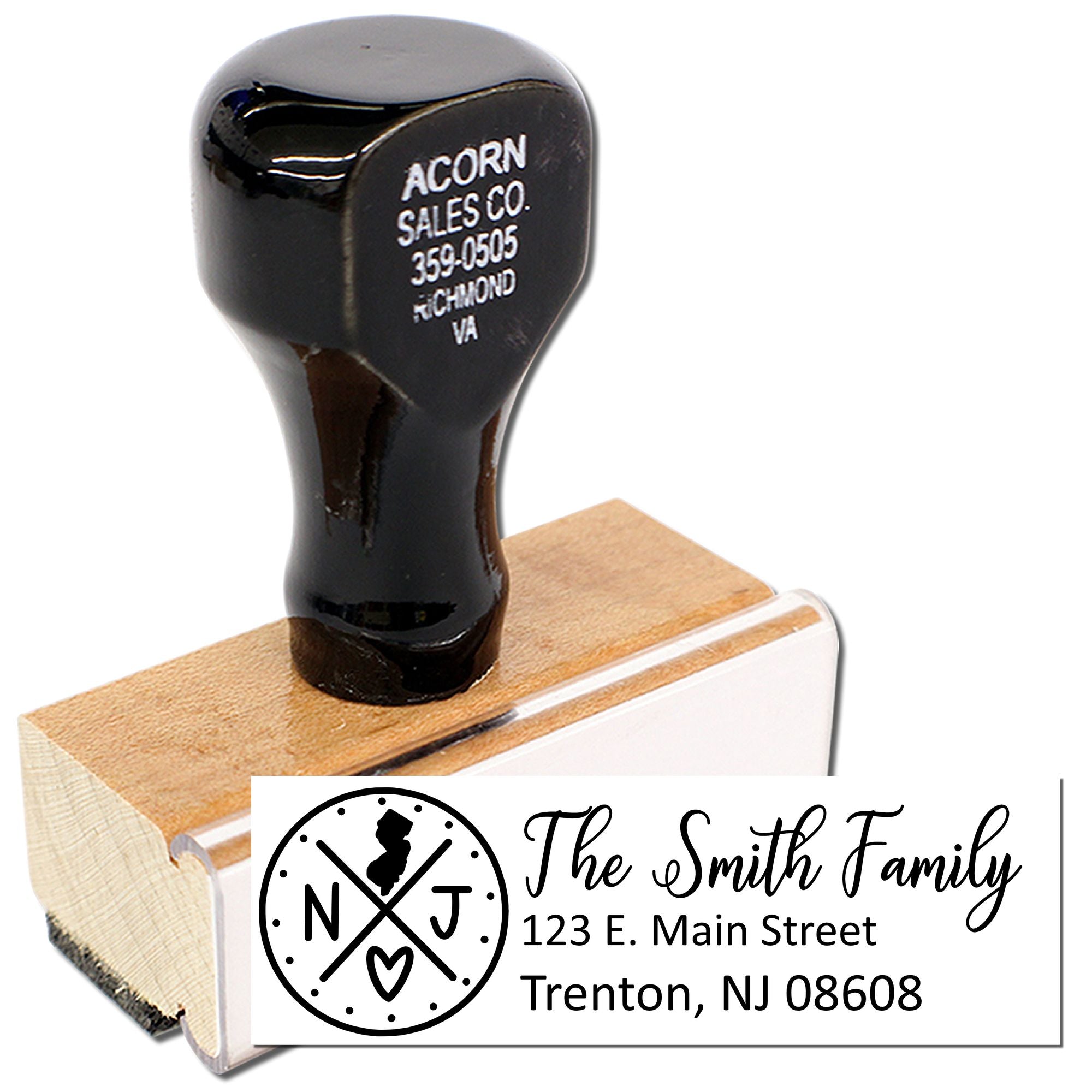 Custom wooden rubber stamp with family monogram and address for personalized return mailing.