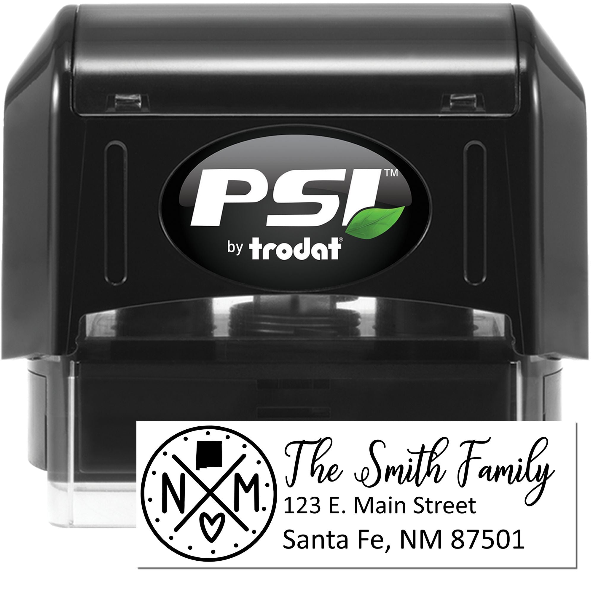 PSI by Trodat self-inking rubber address stamp with custom family name and Santa Fe, NM return address imprint