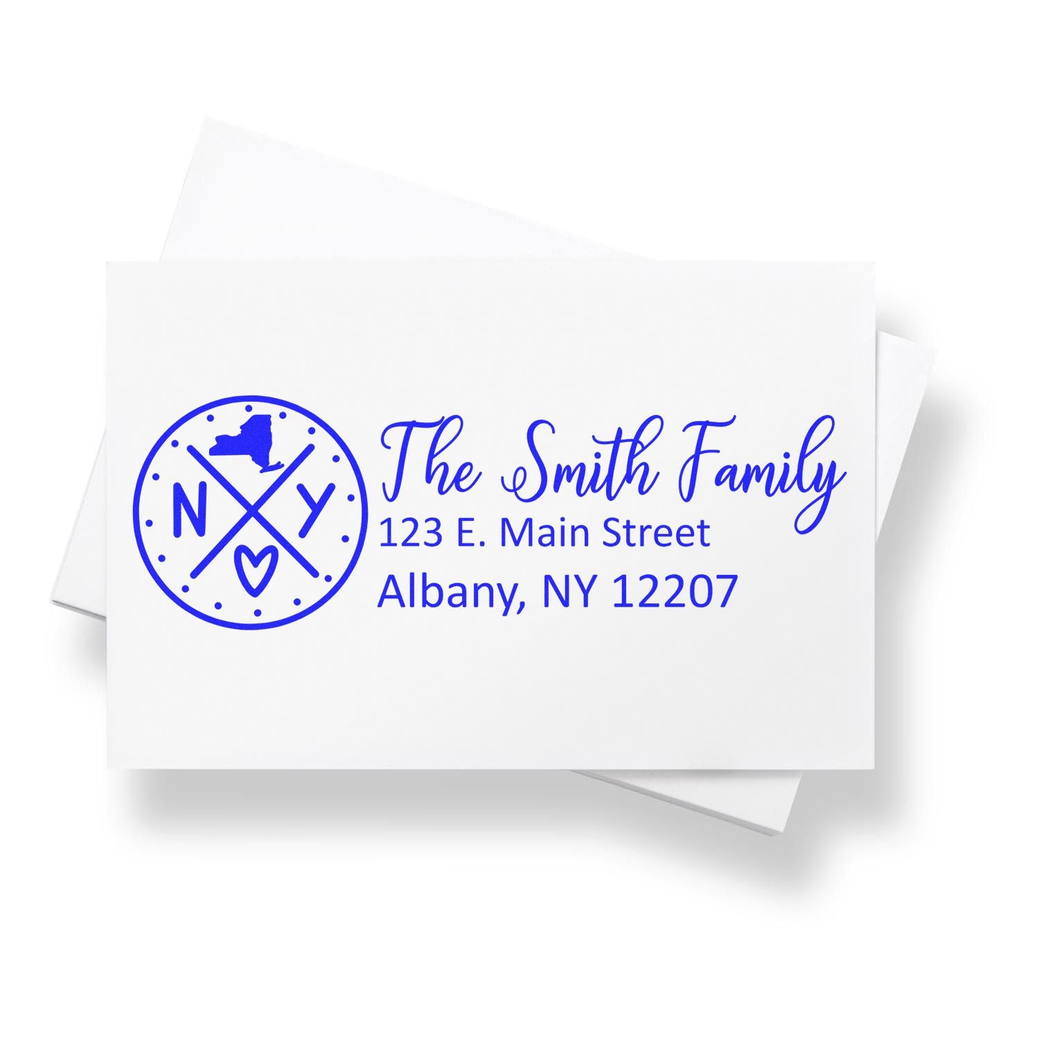 Custom family return address rubber stamp with New York monogram, The Smith Family, Albany, NY 12207