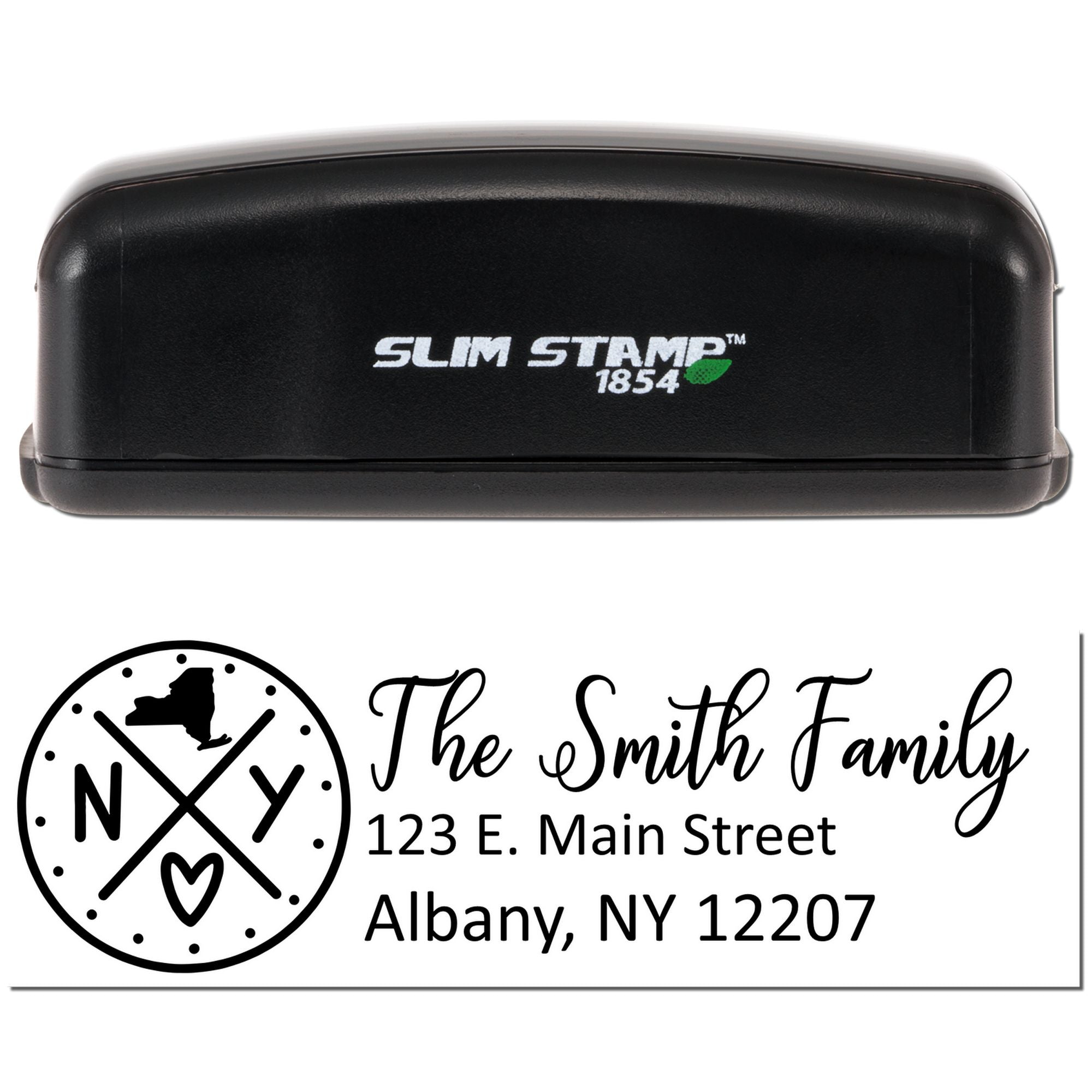 Slim Stamp 1854 custom address rubber stamp for The Smith Family, featuring monogram logo and Albany, NY 12207.
