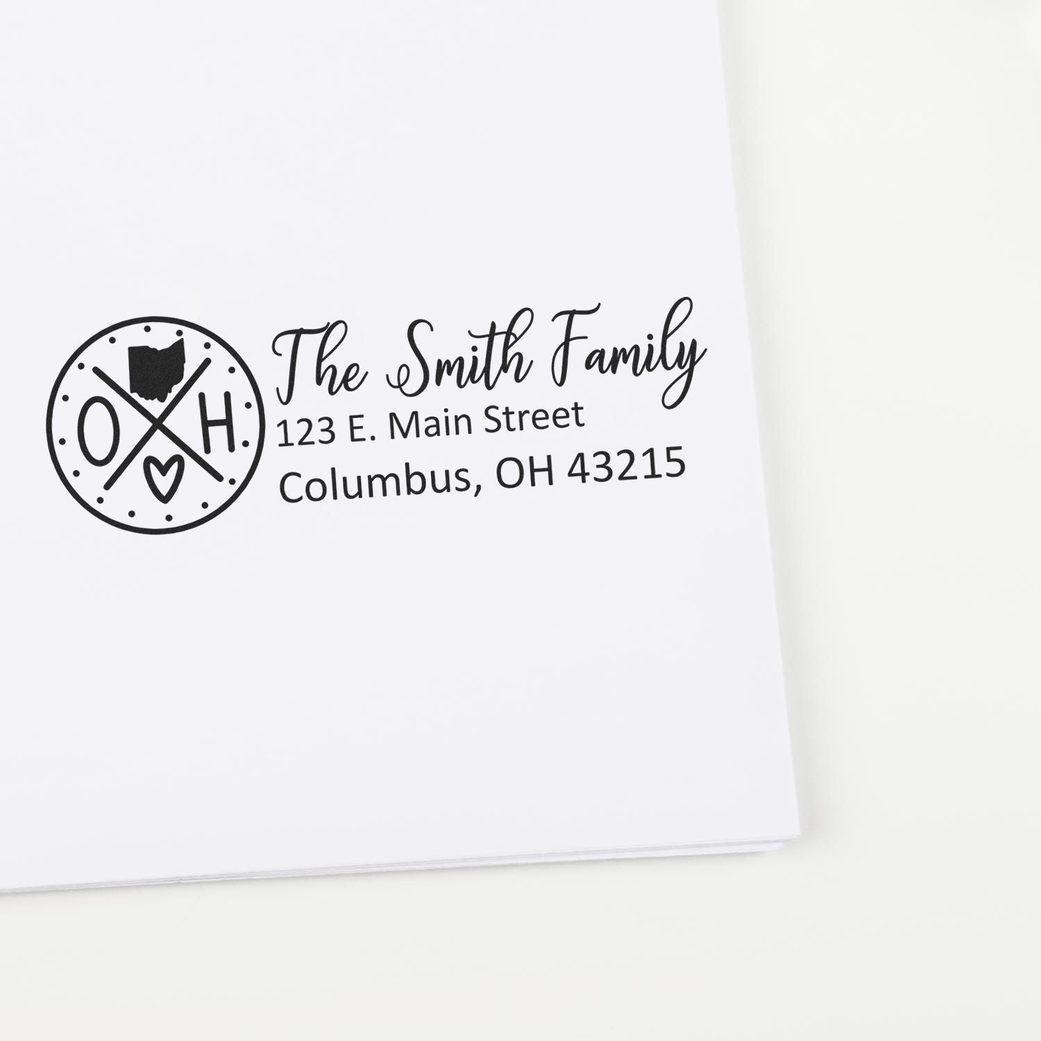 Personalized Ohio family return address rubber stamp with Smith family name and Columbus, OH address.