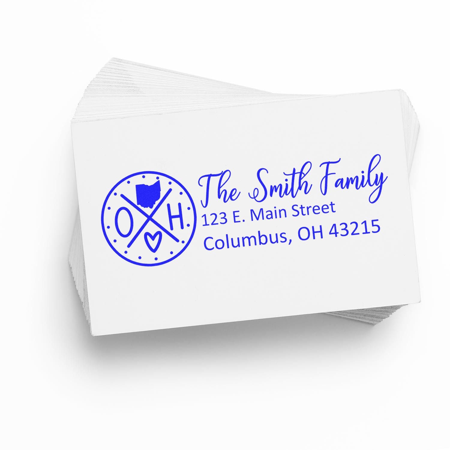 Custom Ohio family address rubber stamp with Ohio monogram and return address for envelopes and mail.