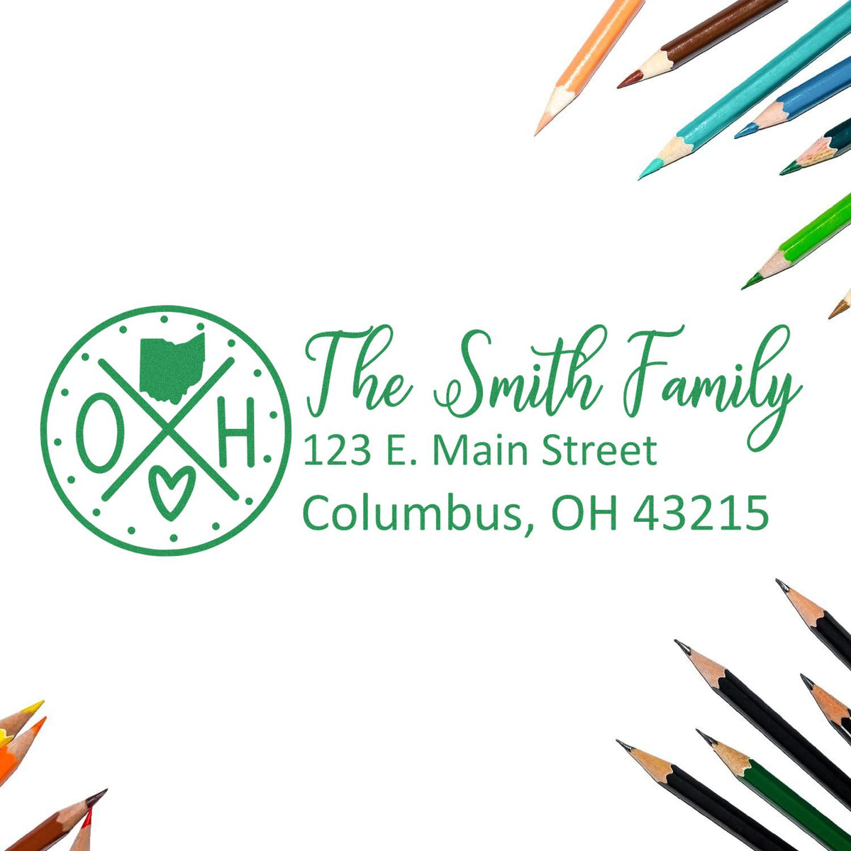 Custom Ohio return address rubber stamp for the Smith Family, with personalized name and address.