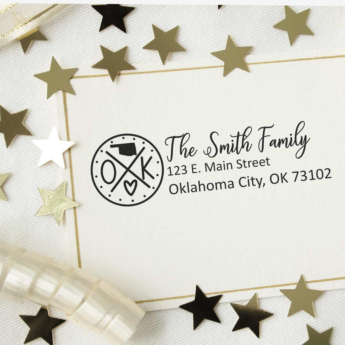 Personalized return address rubber stamp for The Smith Family, featuring Oklahoma City, OK address and monogram.
