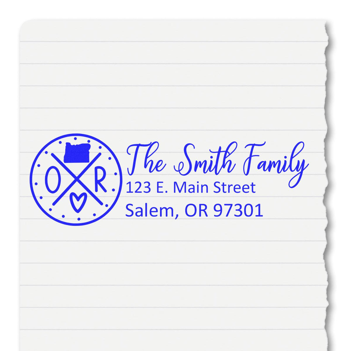 Personalized return address rubber stamp for The Smith Family, featuring custom monogram and Salem, OR 97301 address.