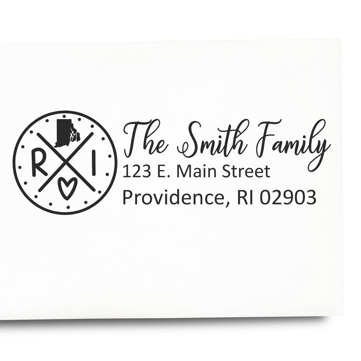 Custom return address rubber stamp for The Smith Family with Rhode Island monogram and Providence, RI 02903 address