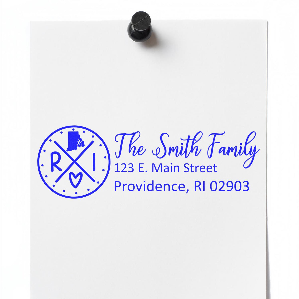 Custom return address rubber stamp for The Smith Family with Rhode Island monogram and Providence, RI 02903 address.