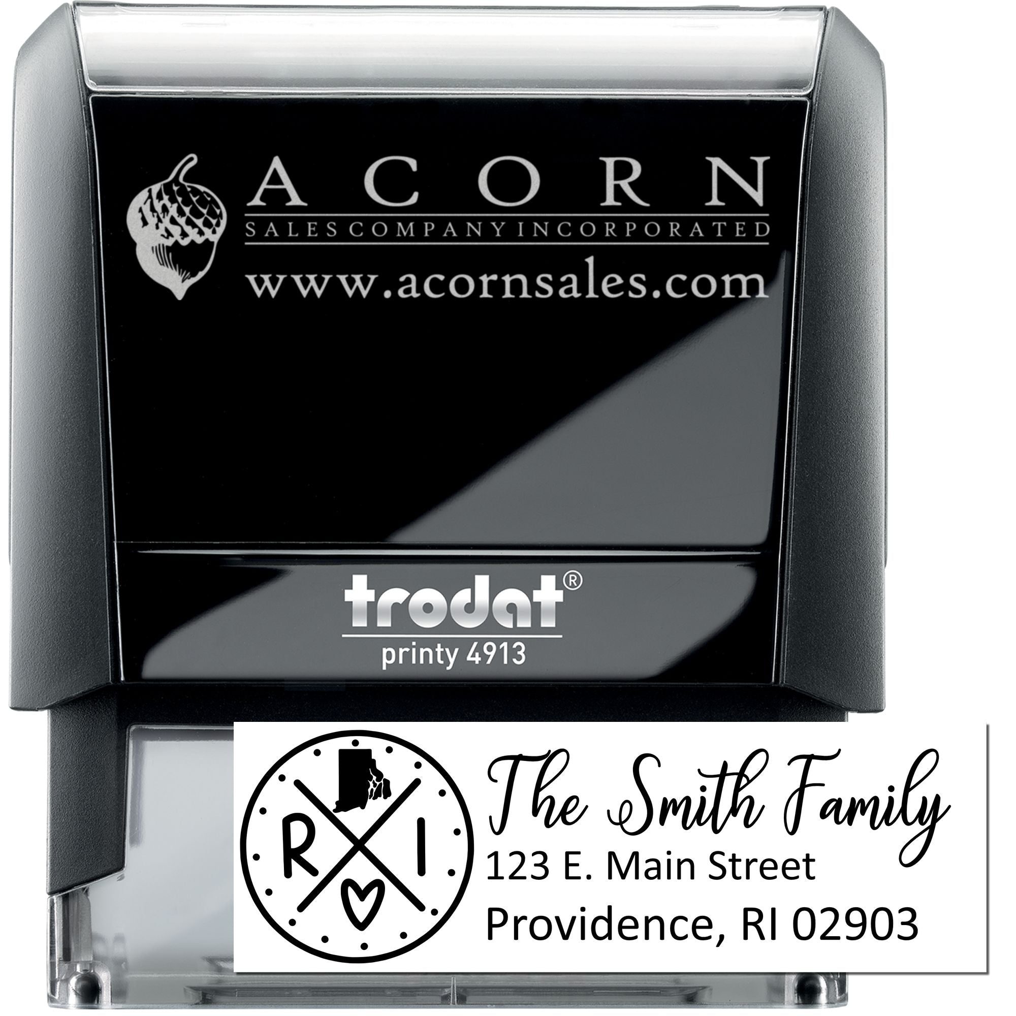 Custom self-inking rubber stamp for branding and mailing, Trodat Printy 4913 with logo and return address examples.
