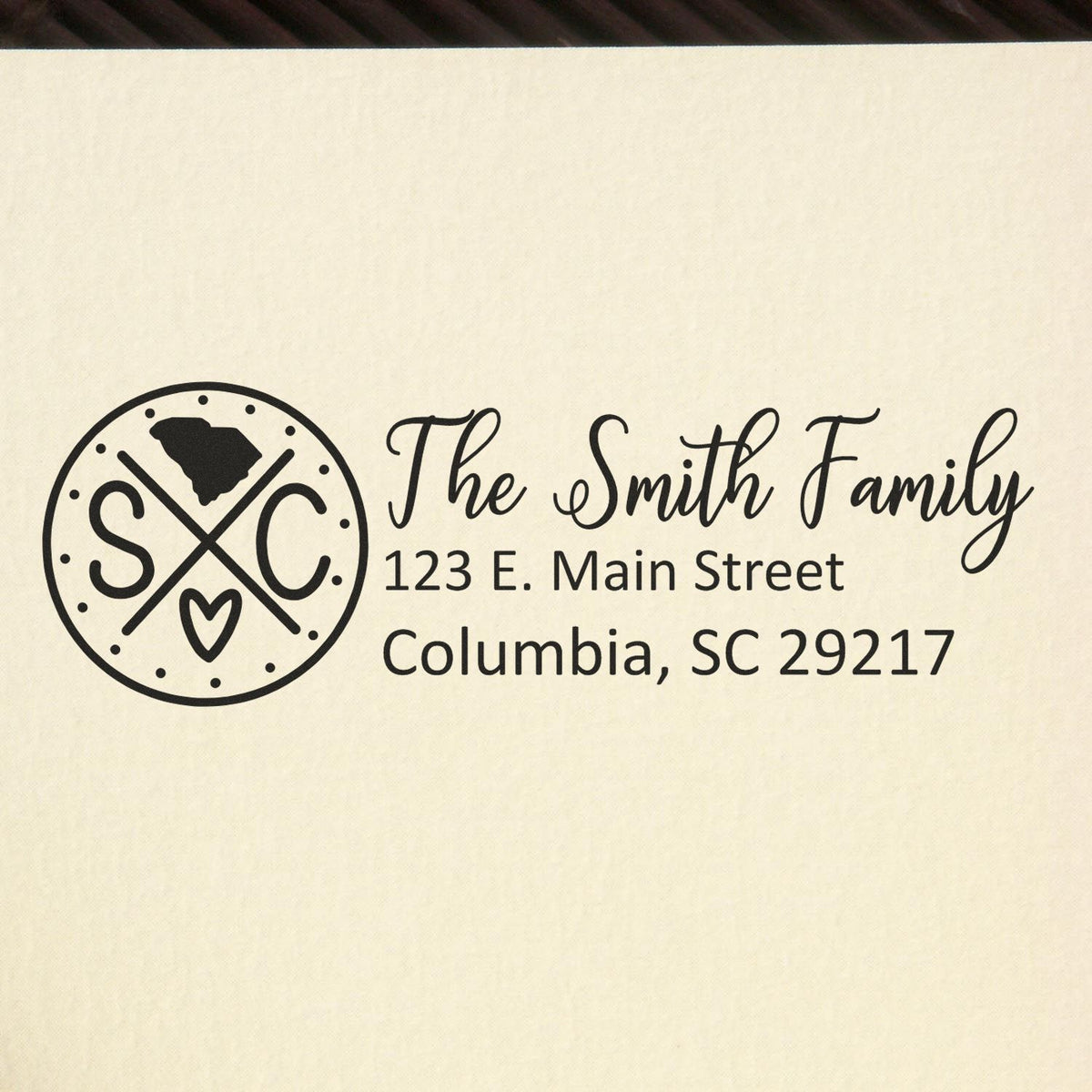 Custom rubber stamp for The Smith Family return address with monogram logo, Columbia, SC 29217