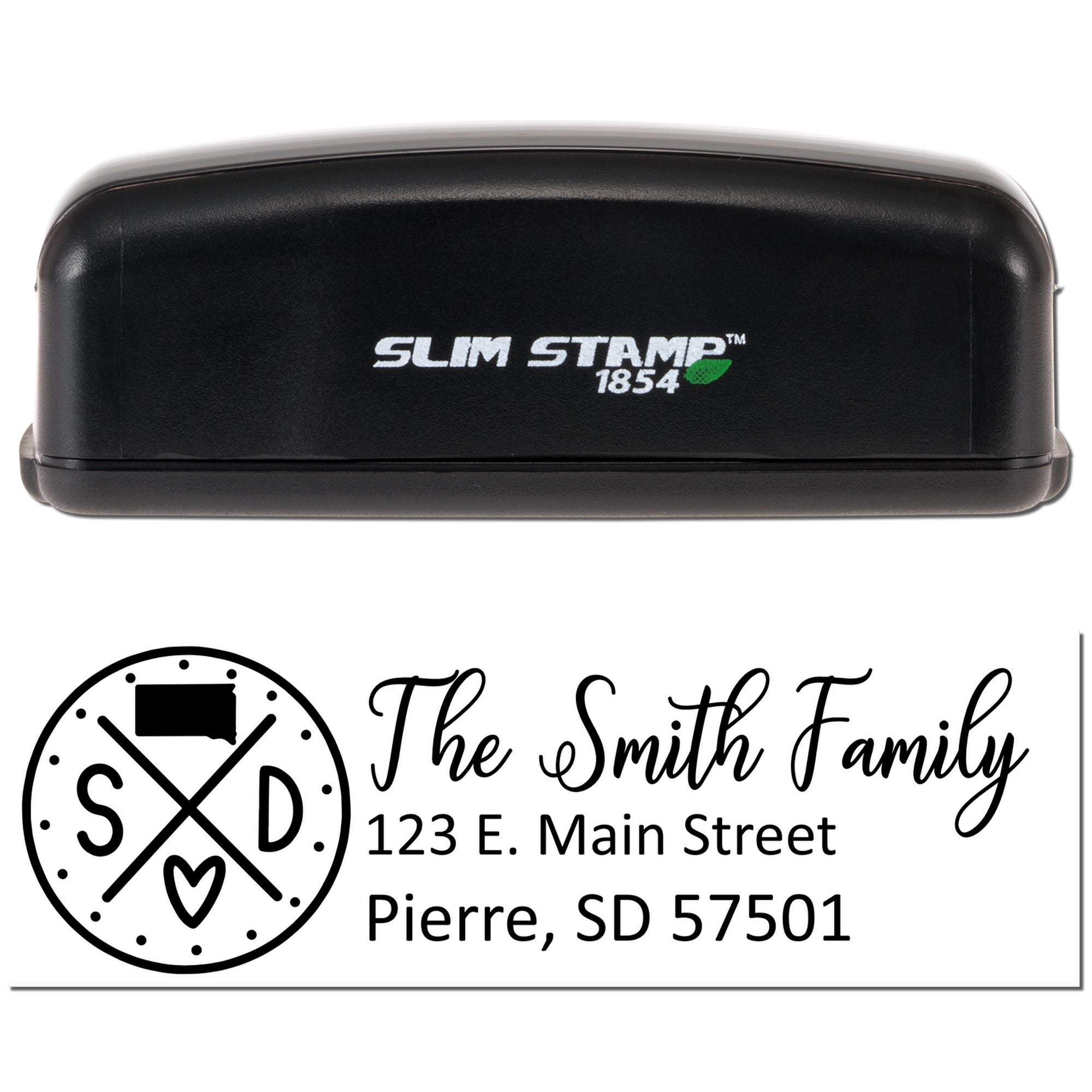 Slim Stamp 1854 self-inking custom address rubber stamp with Smith family monogram and Pierre, SD return address sample.