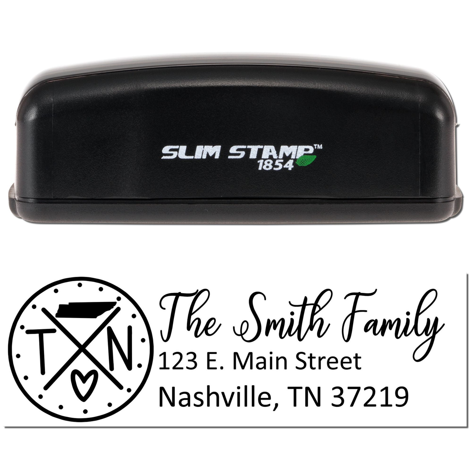 Slim Stamp 1854 custom self-inking address rubber stamp with family name and Nashville, TN return address sample imprint