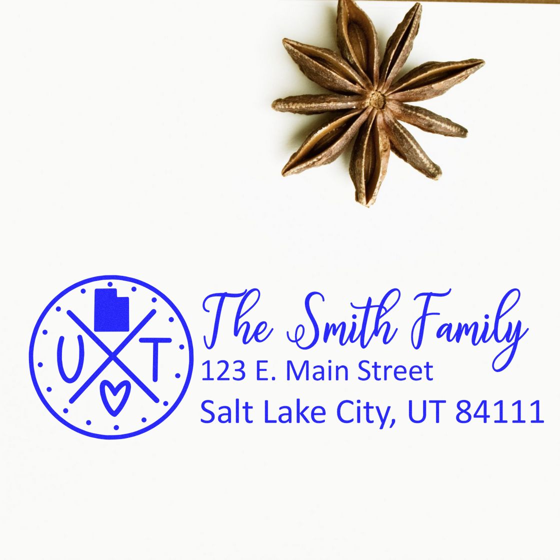 Custom return address rubber stamp for The Smith Family, Salt Lake City, UT, featuring a monogram logo.
