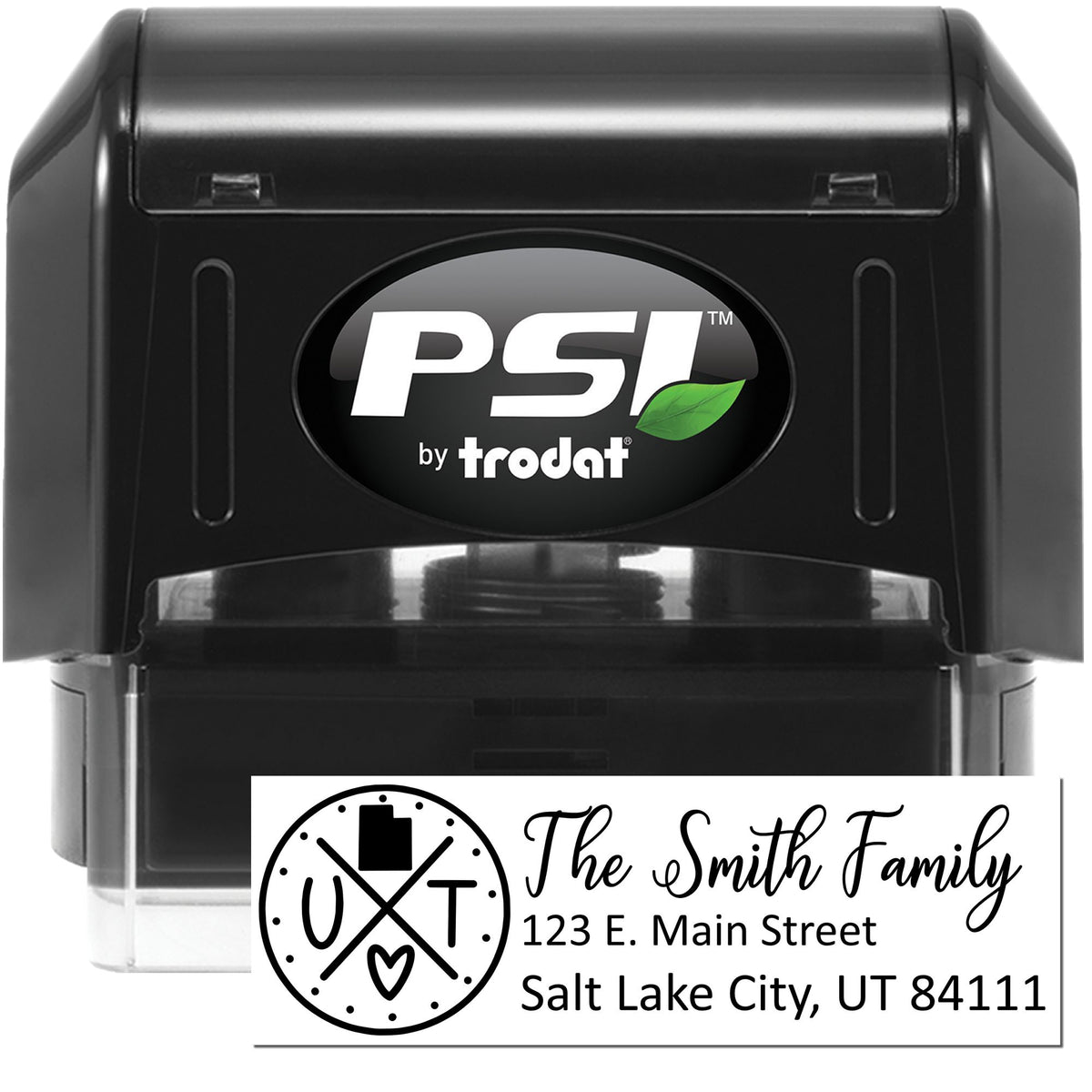 Custom self-inking rubber address stamp by PSI Trodat with family name and Salt Lake City return address.