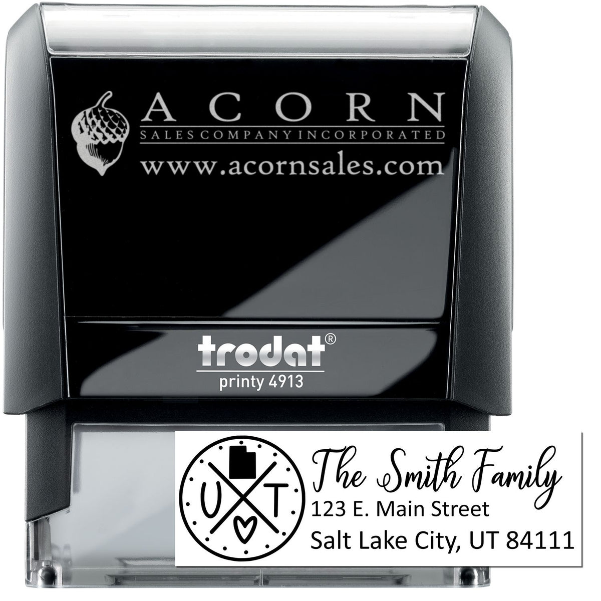 Personalized self-inking rubber stamp with custom logo and return address, Trodat Printy 4913 for business mailings.