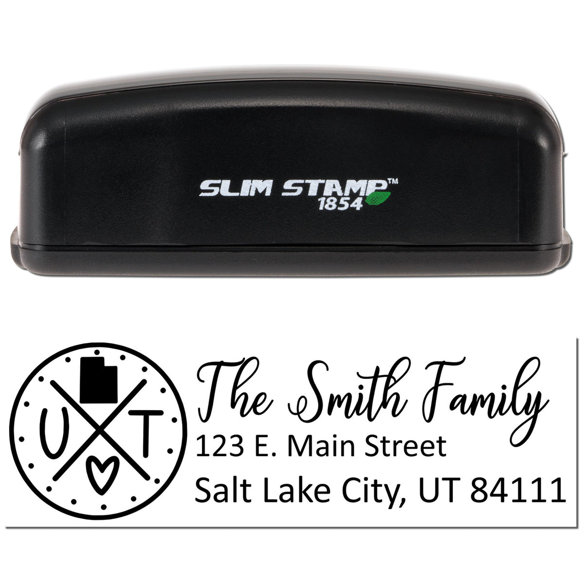 Slim Stamp 1854 self-inking custom address rubber stamp with Smith family return address imprint.