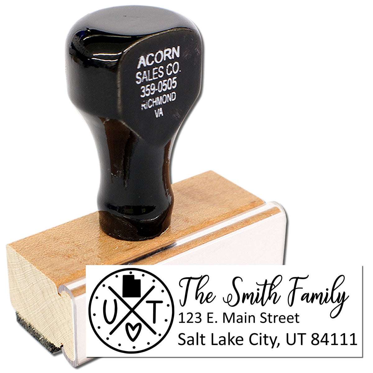 Custom family return address rubber stamp for personalized mail, wedding invitations, and home office envelopes.