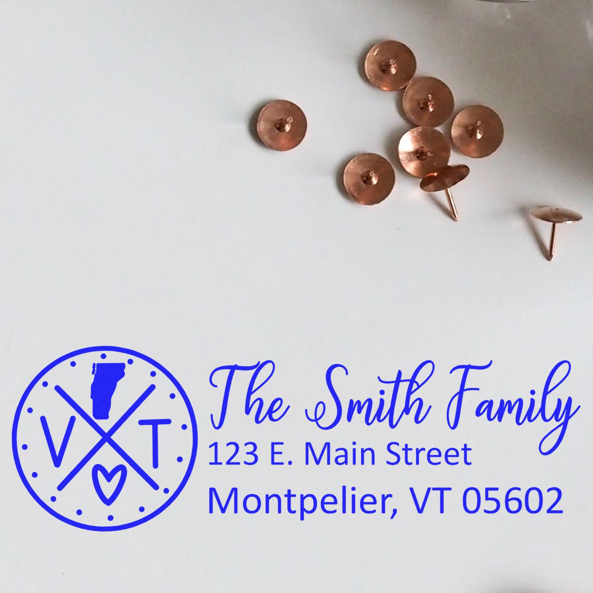 Custom family return address rubber stamp proof with Vermont monogram for The Smith Family, Montpelier, VT