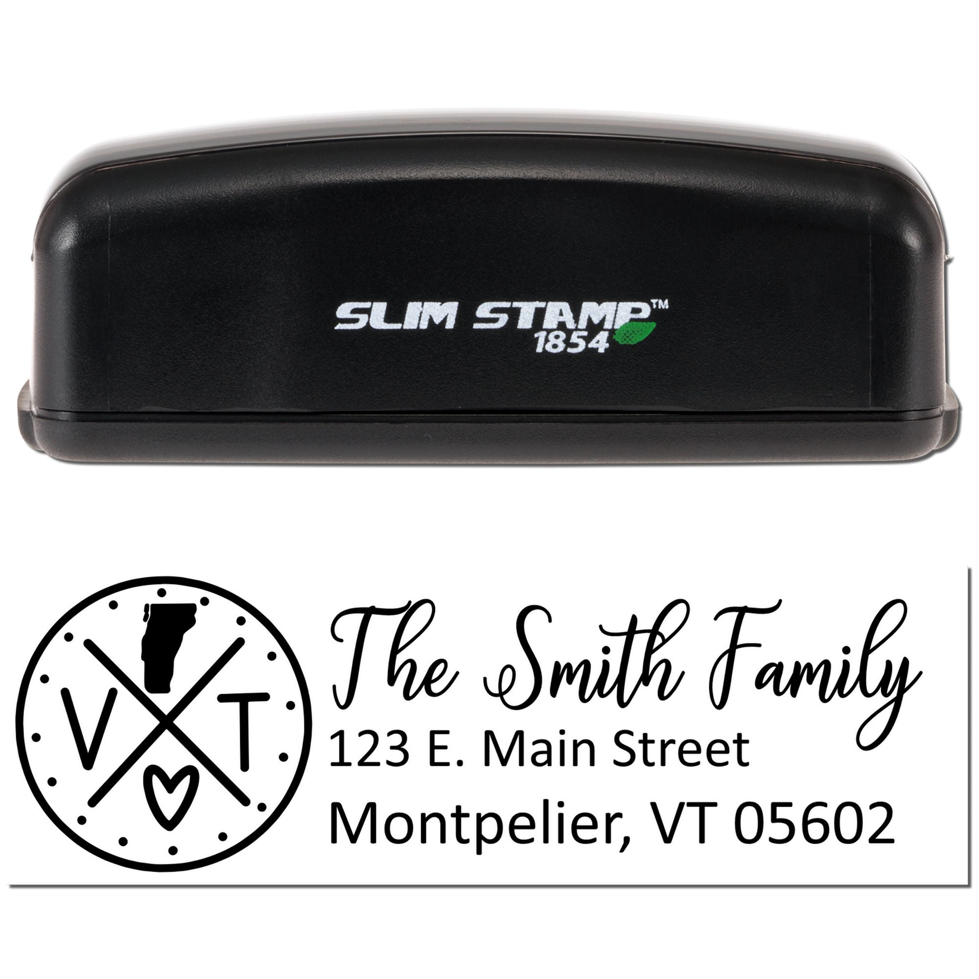 Custom self-inking rubber stamp with Slim Stamp 1854 case and Vermont family return address design.