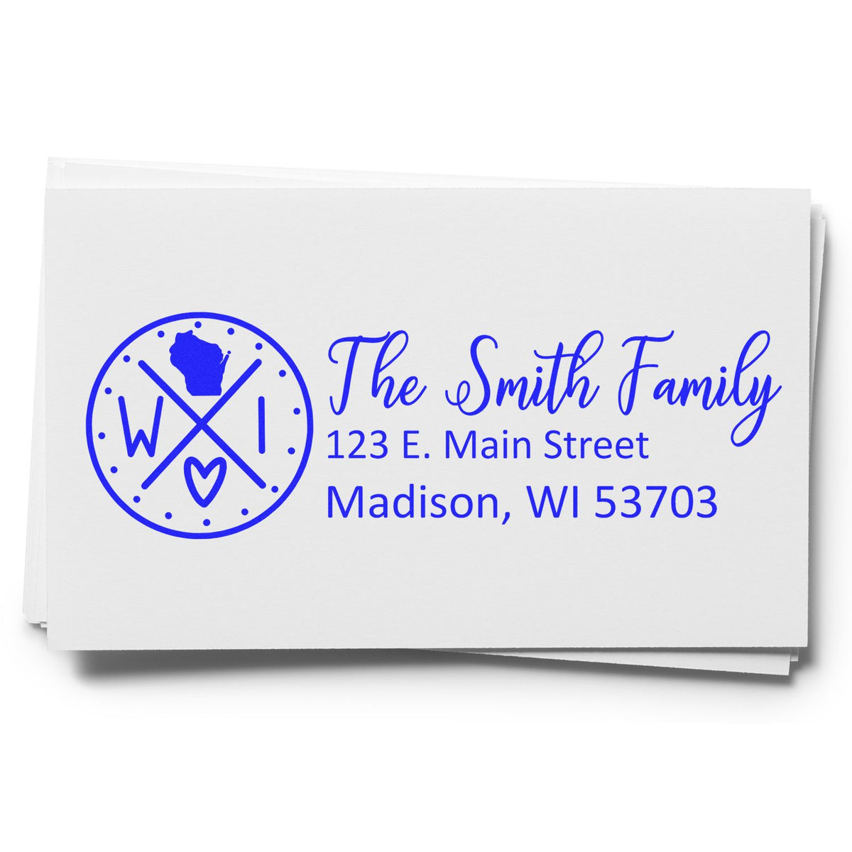 Personalized family return address rubber stamp with monogram logo, The Smith Family, 123 E. Main Street, Madison, WI 53703