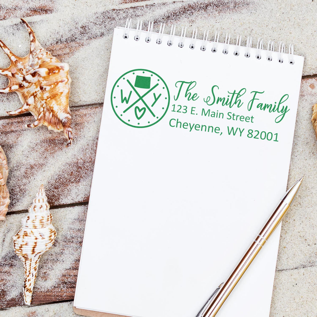Custom personalized return address rubber stamp for The Smith Family in Cheyenne, WY 82001.