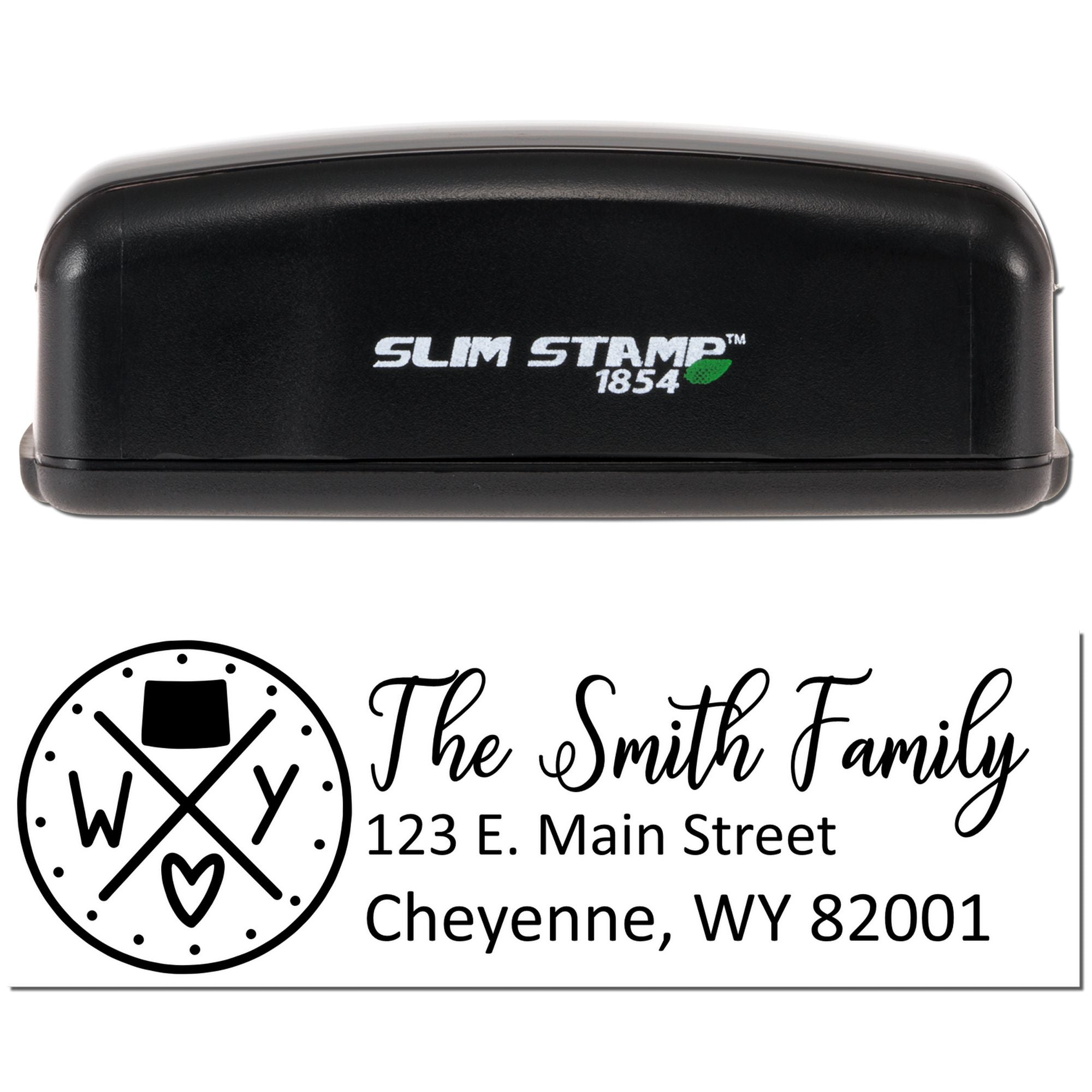 Slim Stamp 1854 custom address rubber stamp with Smith family monogram and return address design for Cheyenne, WY.
