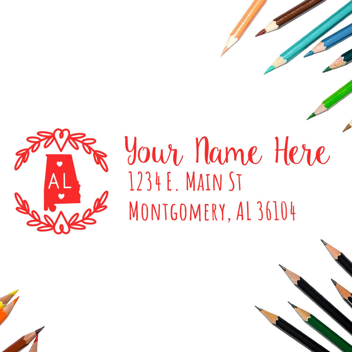 Custom Alabama return address rubber stamp with monogram, name, and mailing address for personalized stationery and envelopes.
