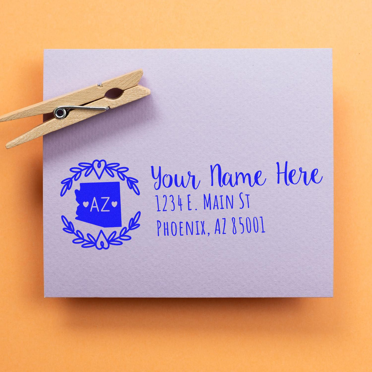 Personalized return address rubber stamp impression with AZ monogram, name, and Phoenix address on stationery