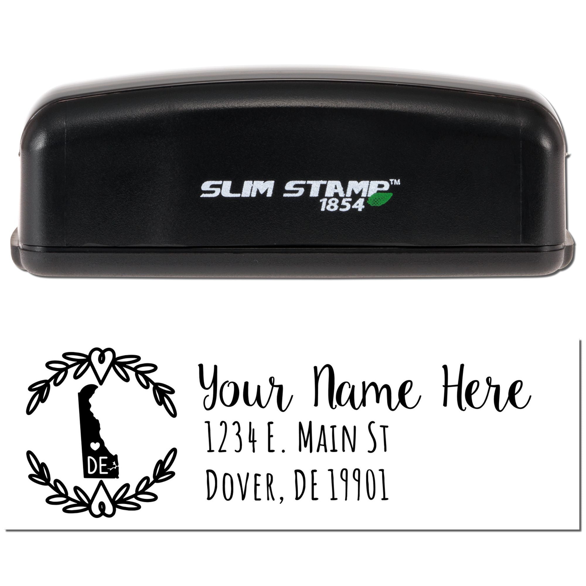 Custom self-inking rubber address stamp with Delaware monogram and Slim Stamp 1854 case for personalized mailing.