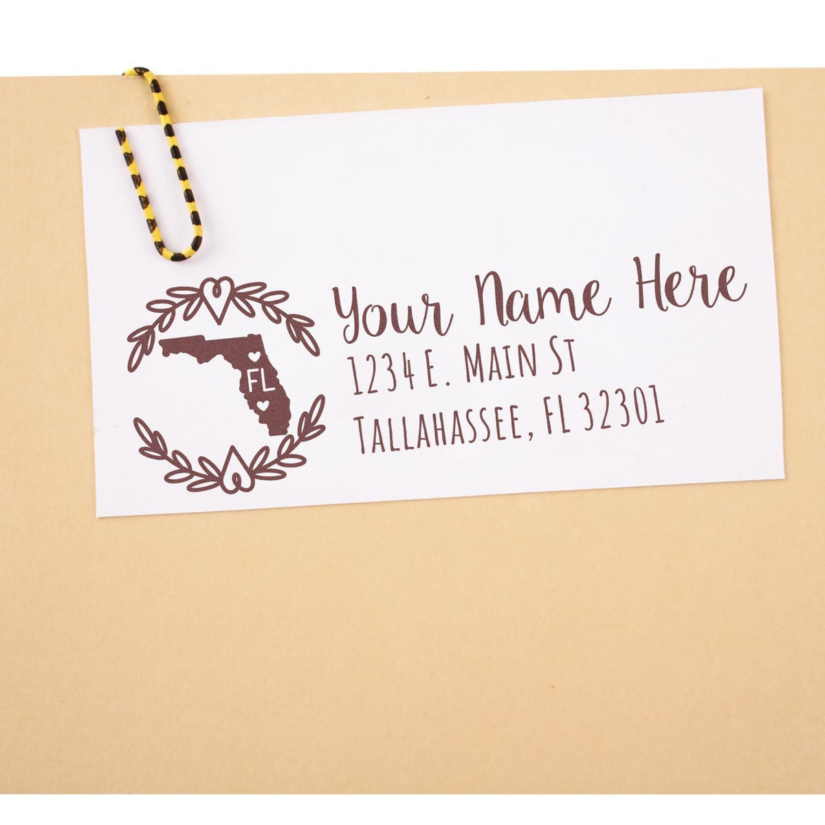 Custom Florida return address rubber stamp with name, street address and Tallahassee, FL ZIP code