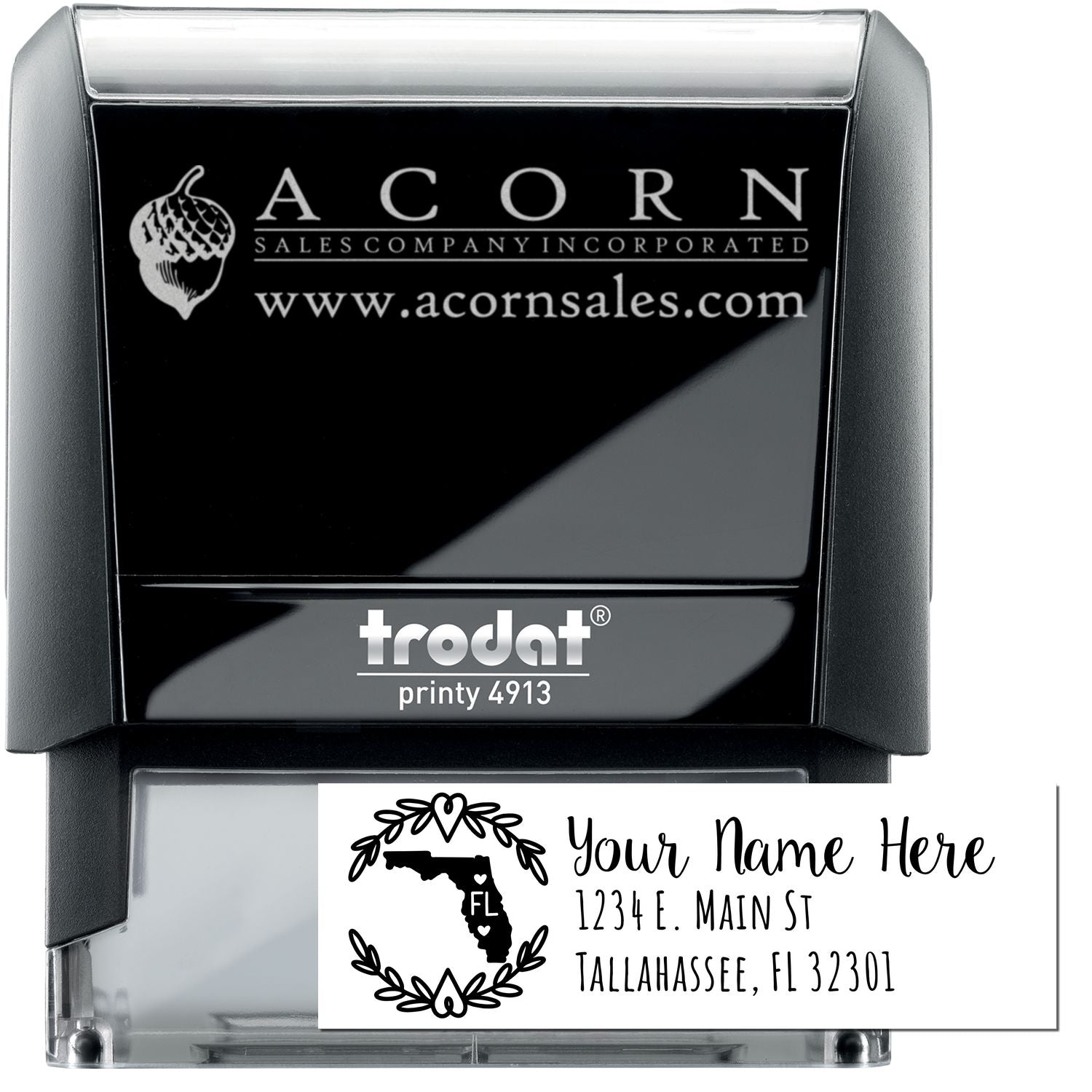 Custom self-inking rubber stamp with logo and address impression, Trodat Printy 4913 personalized business stamp
