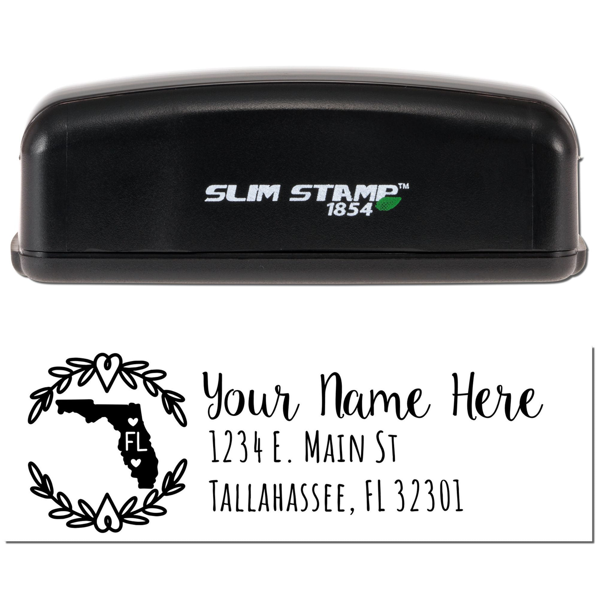 Slim Stamp 1854 custom rubber stamp with Florida return address design, personalized name, street address, and Tallahassee, FL.