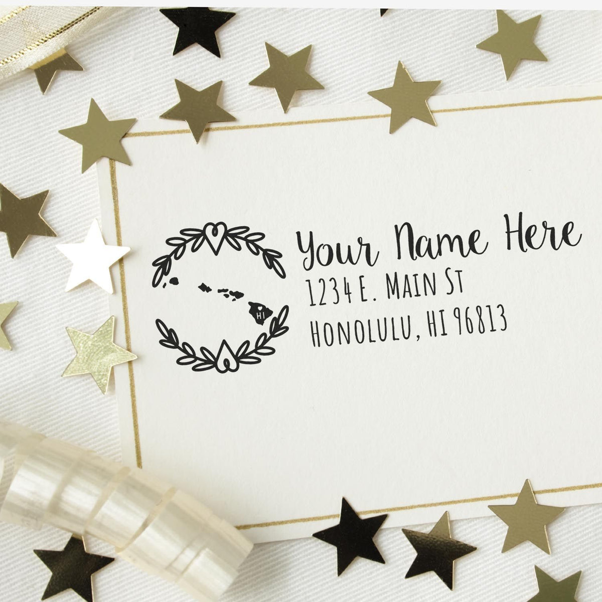 Custom return address rubber stamp with floral wreath and Hawaii map, personalized name and Honolulu address design.
