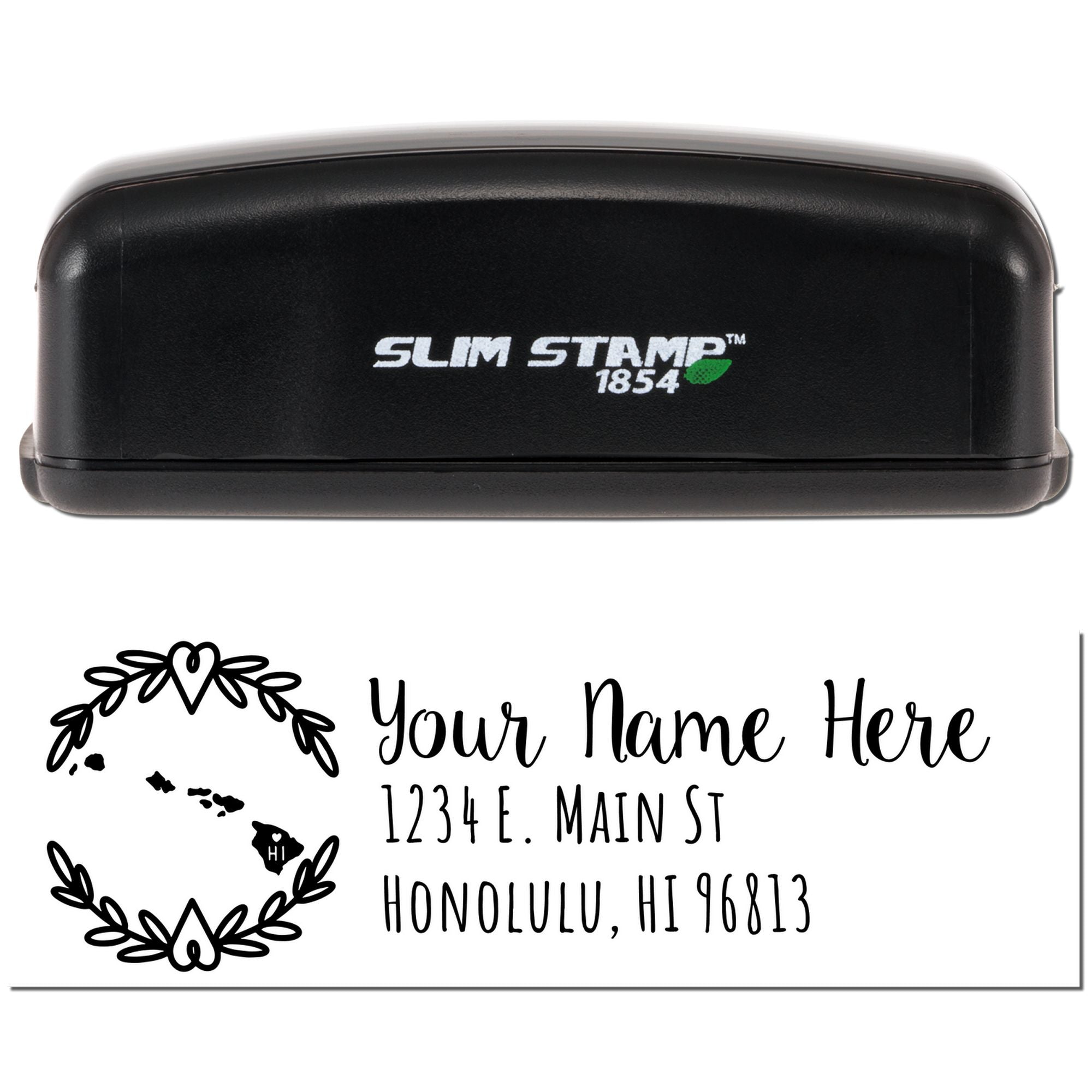 Slim Stamp 1854 custom self-inking rubber stamp with floral wreath and return address design