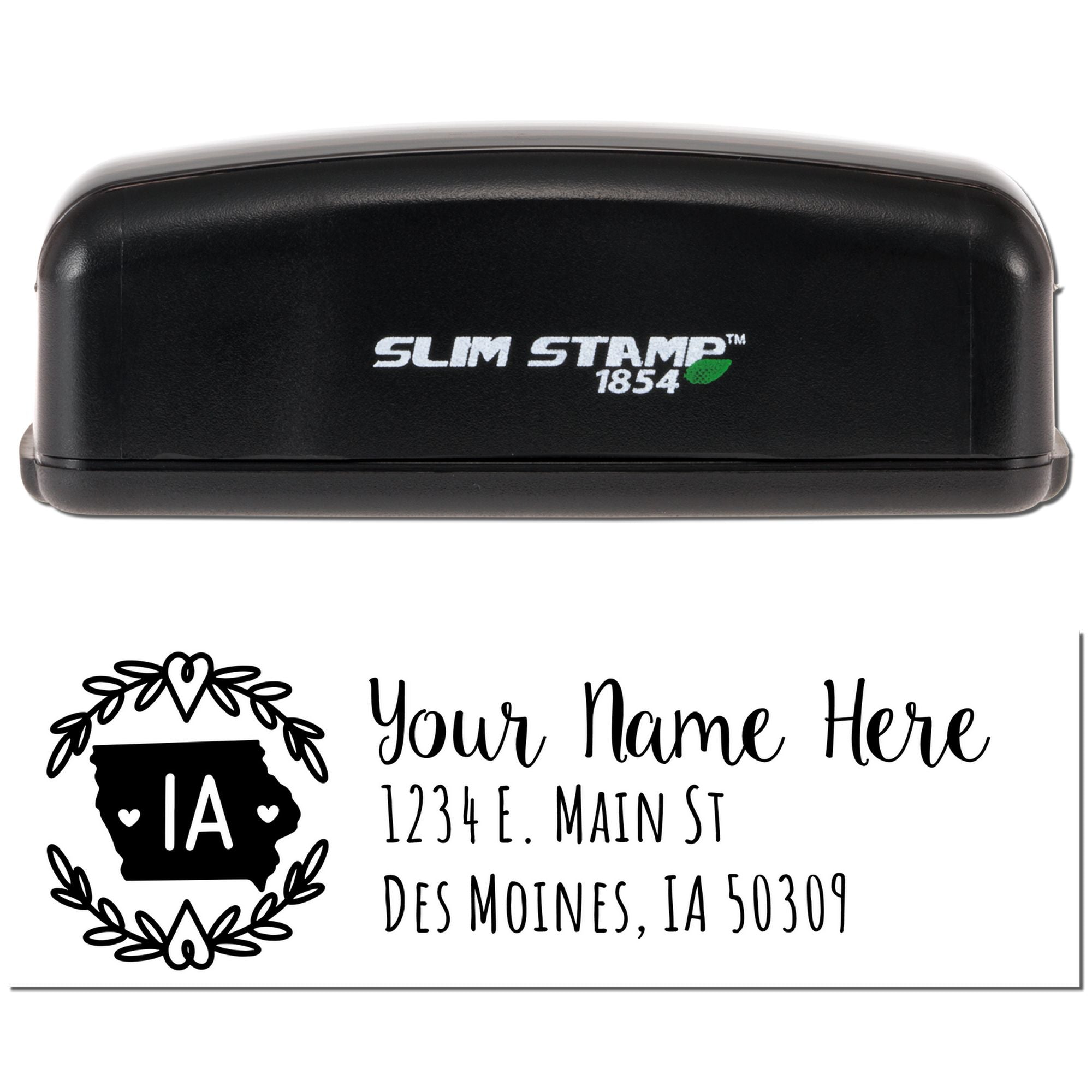 Slim Stamp 1854 custom rubber stamp with Iowa monogram and personalized return address for mailing