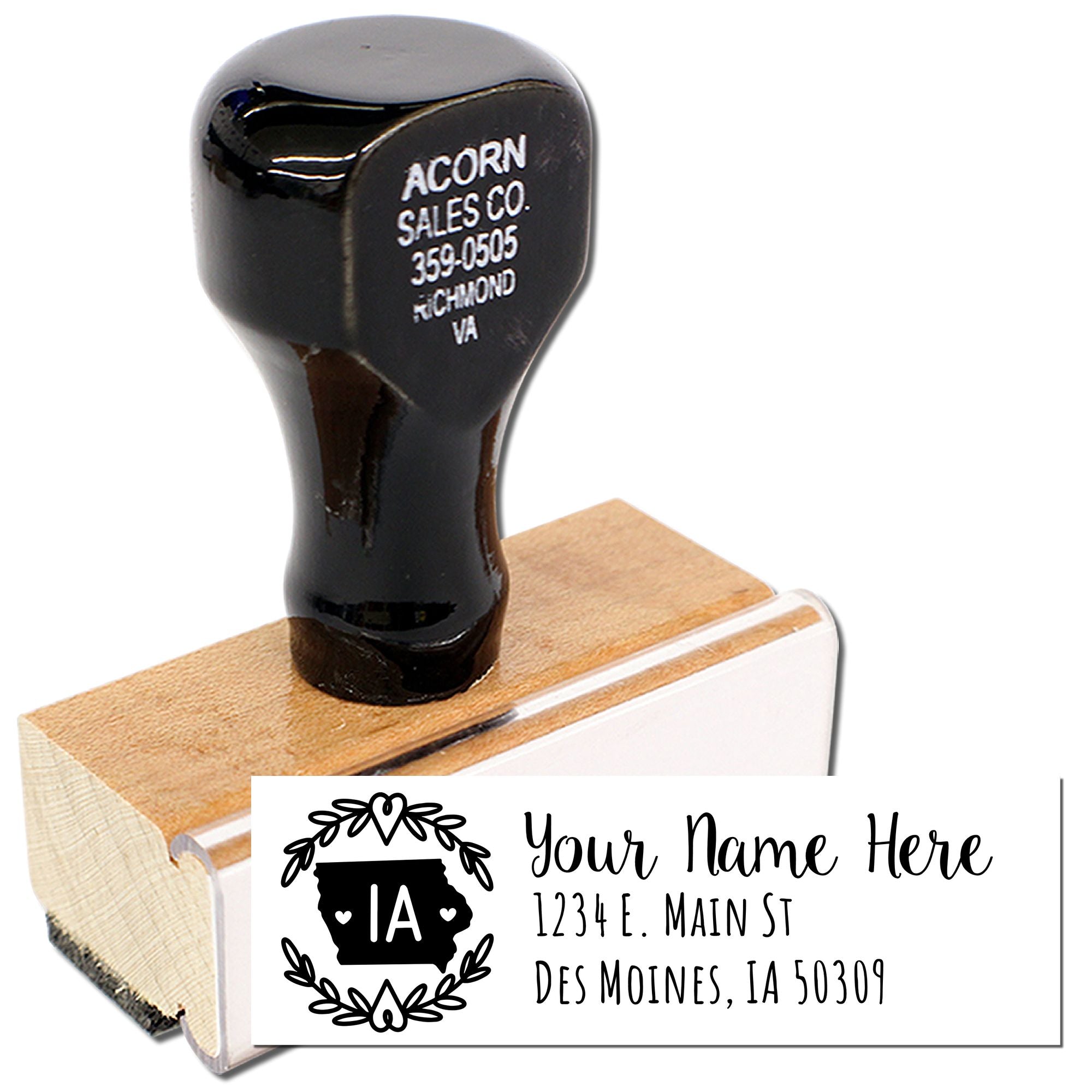 Custom return address rubber stamp with Iowa state design and personalized name and address.