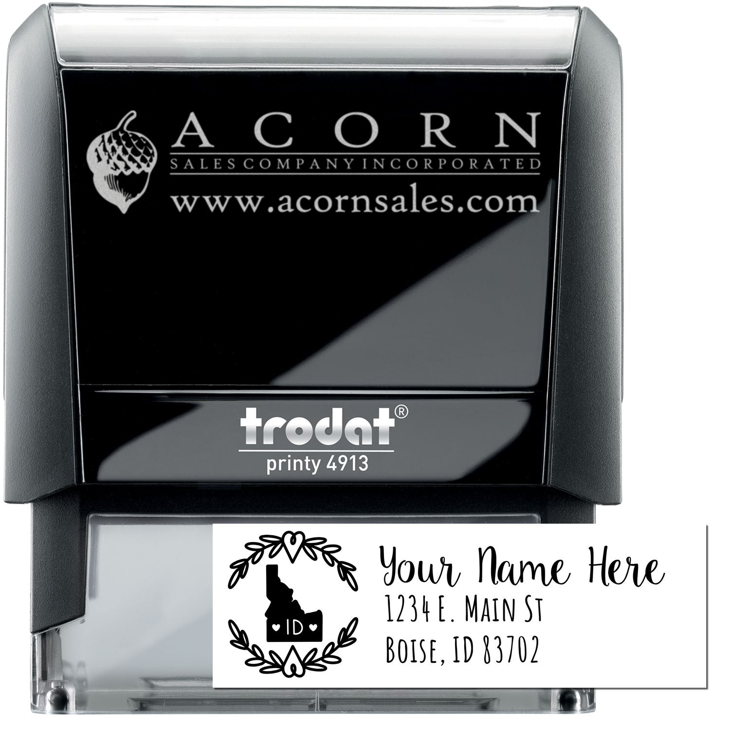 Custom self-inking Trodat Printy 4913 rubber stamp for business branding and return address use.