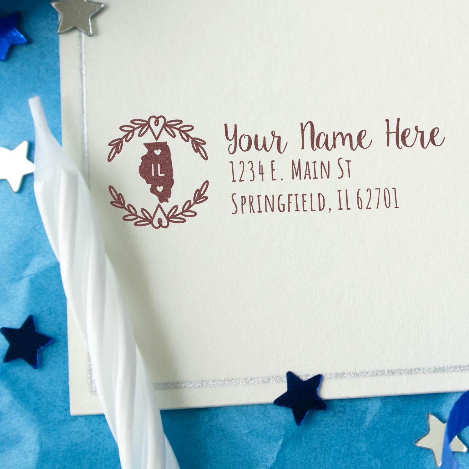 Personalized Illinois return address rubber stamp for envelopes, featuring name, address, and decorative wreath design.