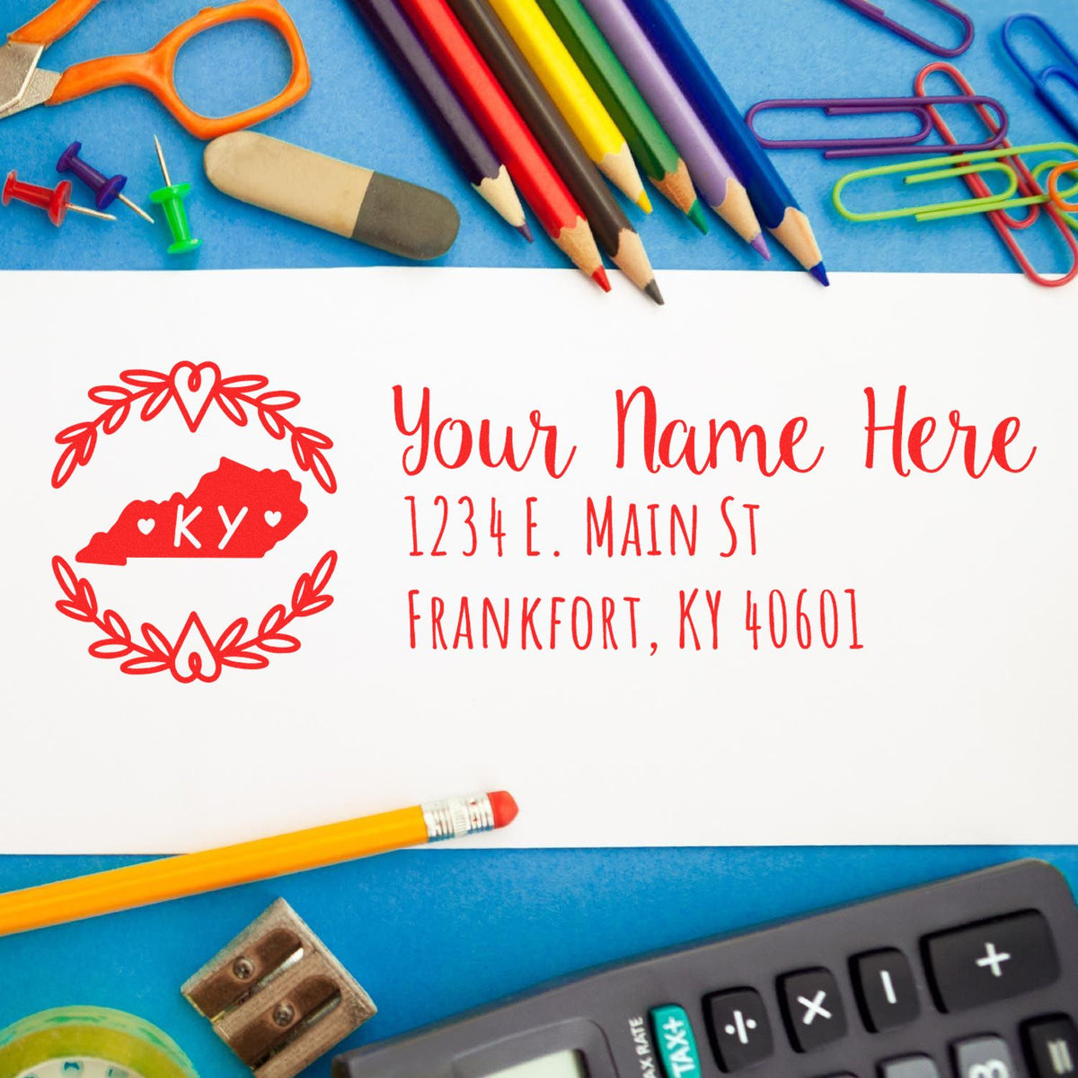 Personalized rubber address stamp with Kentucky state design for mailing envelopes, stationery, and small business branding.