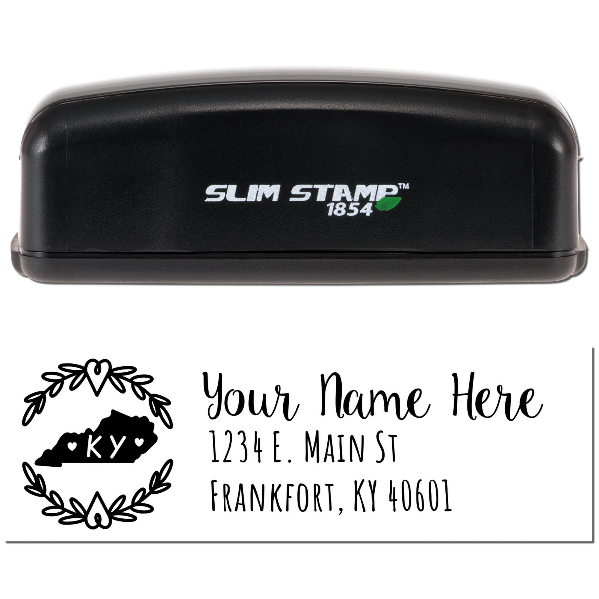 Custom Kentucky return address rubber stamp, Slim Stamp 1854 self-inking, with floral wreath name and address design.
