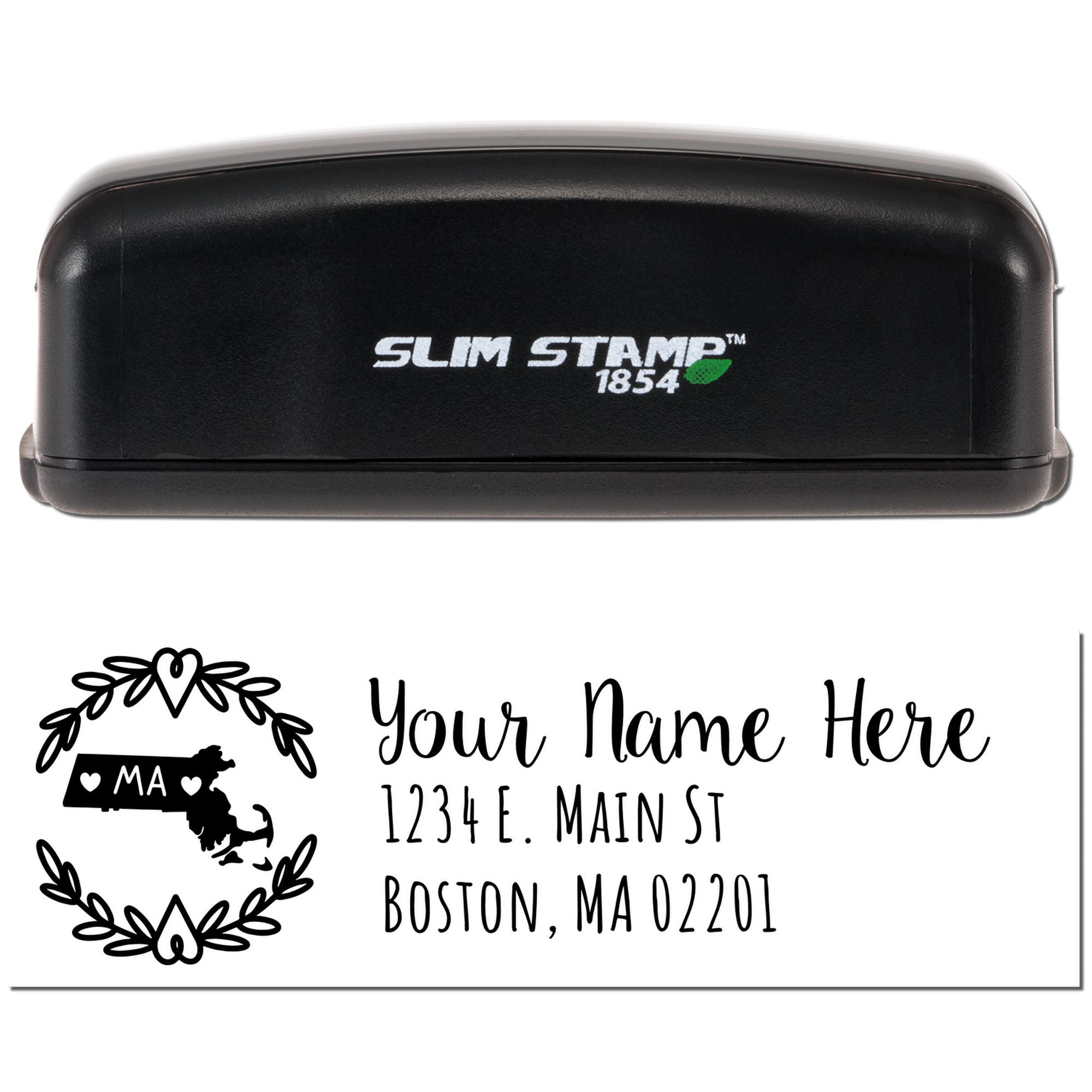 Custom address rubber stamp with Massachusetts design, name, and Boston mailing address in Slim Stamp 1854 case