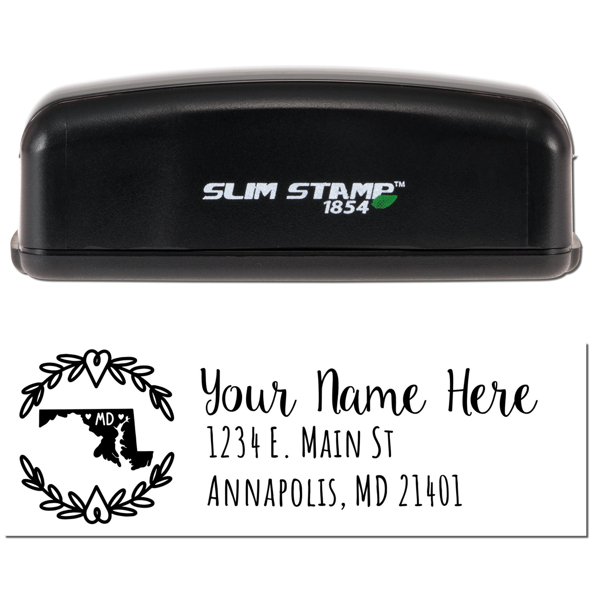 Custom self-inking rubber stamp with Slim Stamp 1854 case and personalized Maryland return address design for mailings.