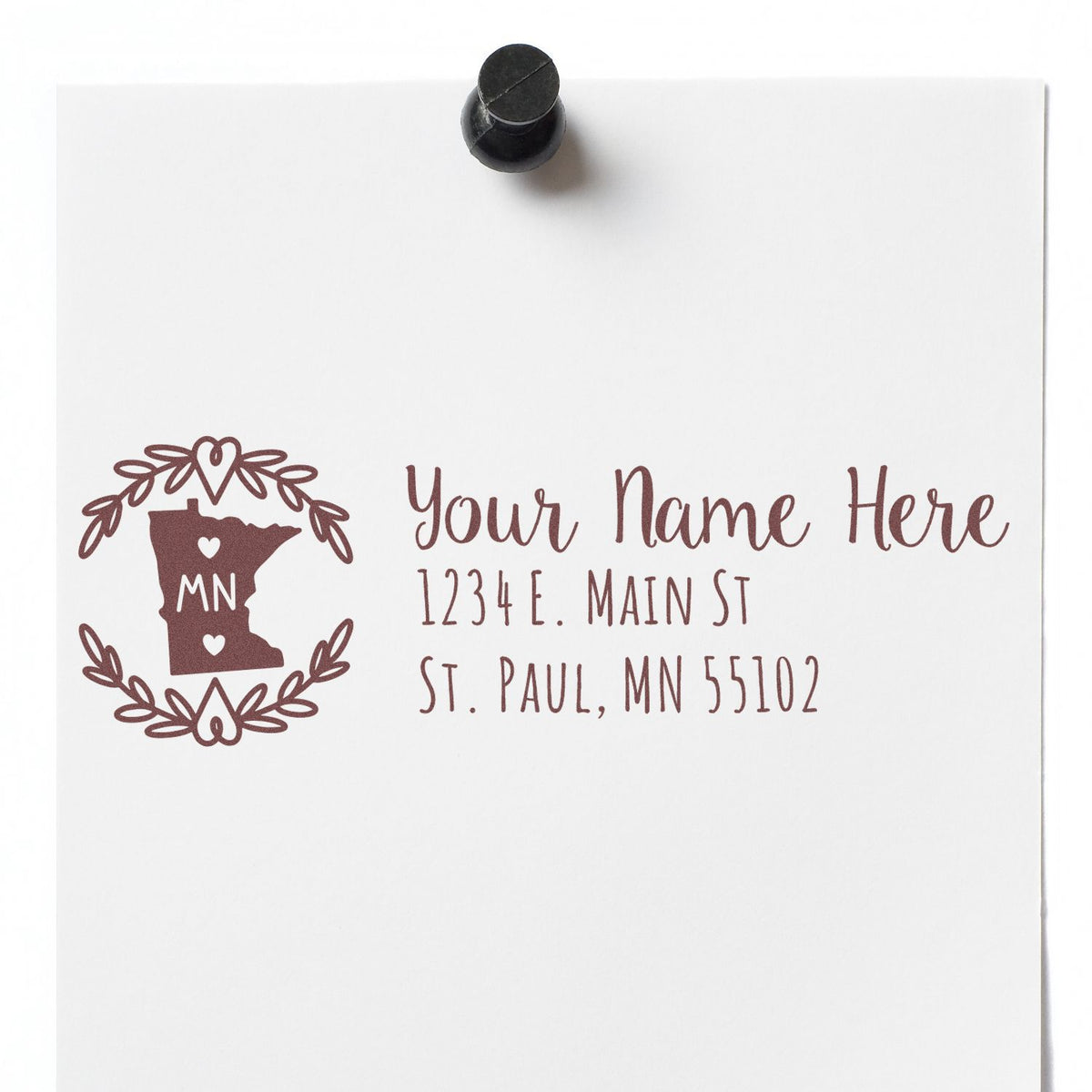 Custom Minnesota return address rubber stamp with wreath design, personalized name, and St. Paul, MN address