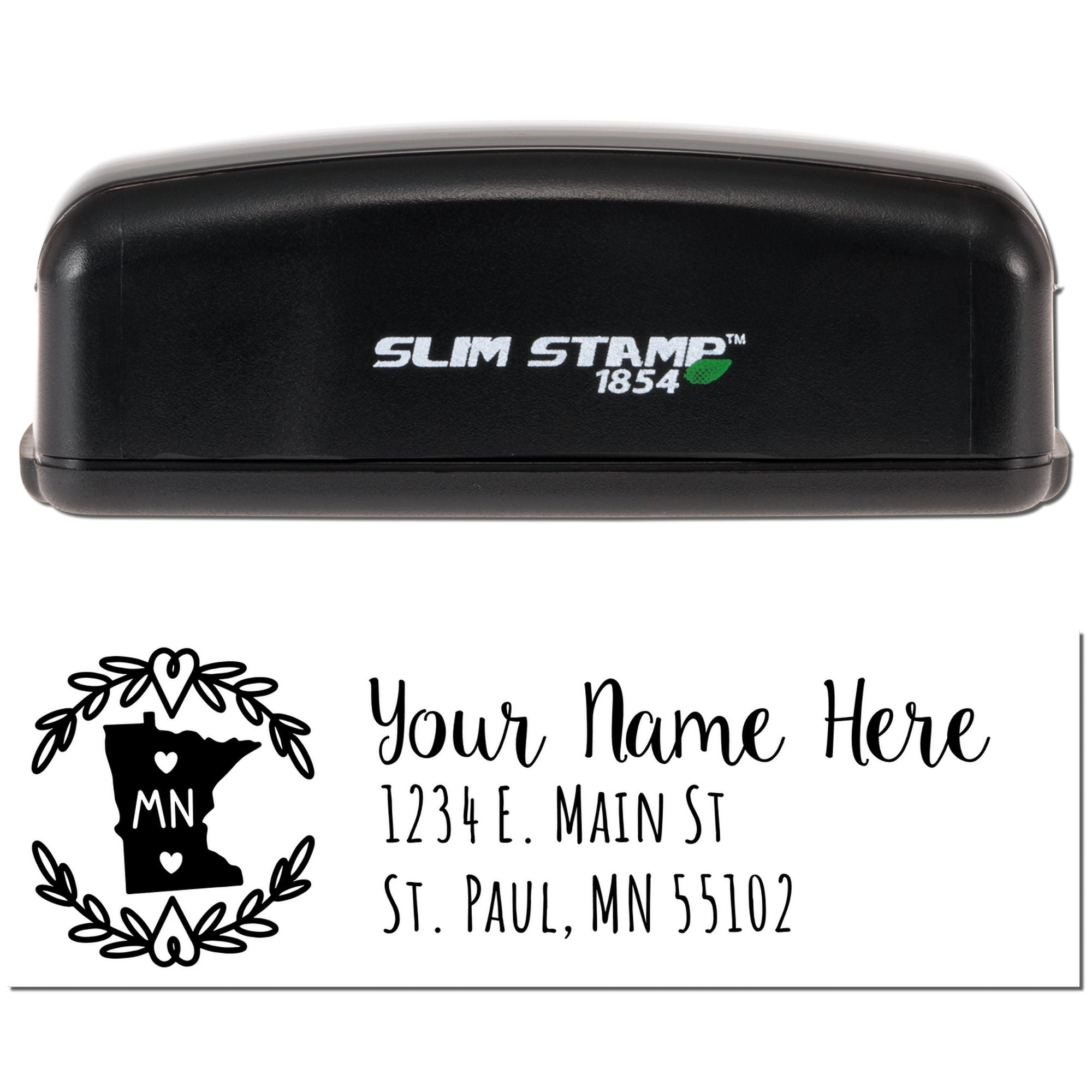 Custom Slim Stamp 1854 rubber stamp with Minnesota return address design for personalized name and mailing labels.