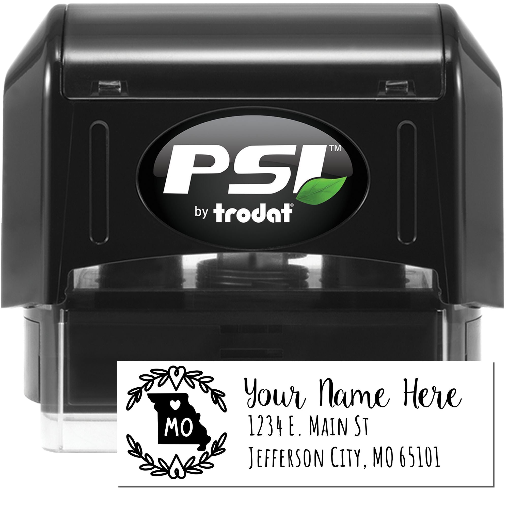 PSI by Trodat self-inking rubber stamp with custom Missouri return address design for personalized mailing.