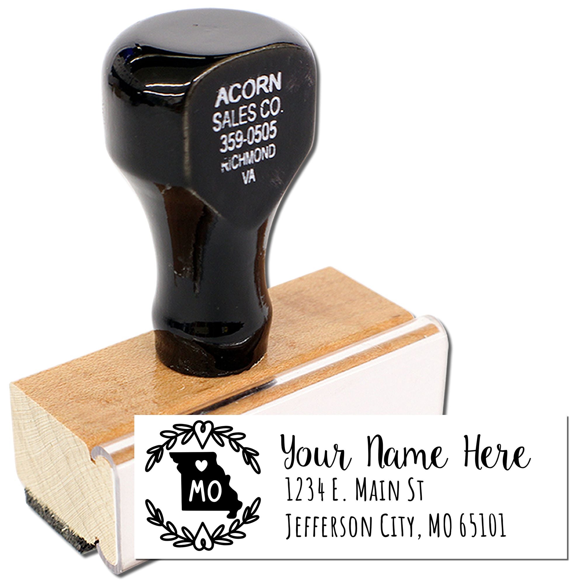 Custom rubber stamp with personalized Missouri return address design for business mailings and branding.